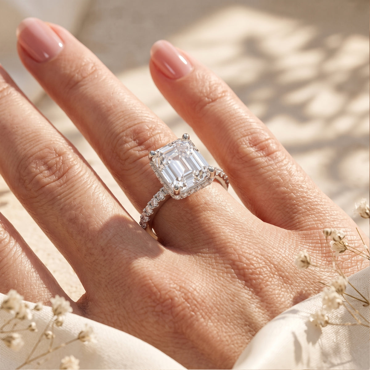 Angled view of a hand wearing the silver ring, showing its side profile, pavé shank, and clear emerald-cut stone.
