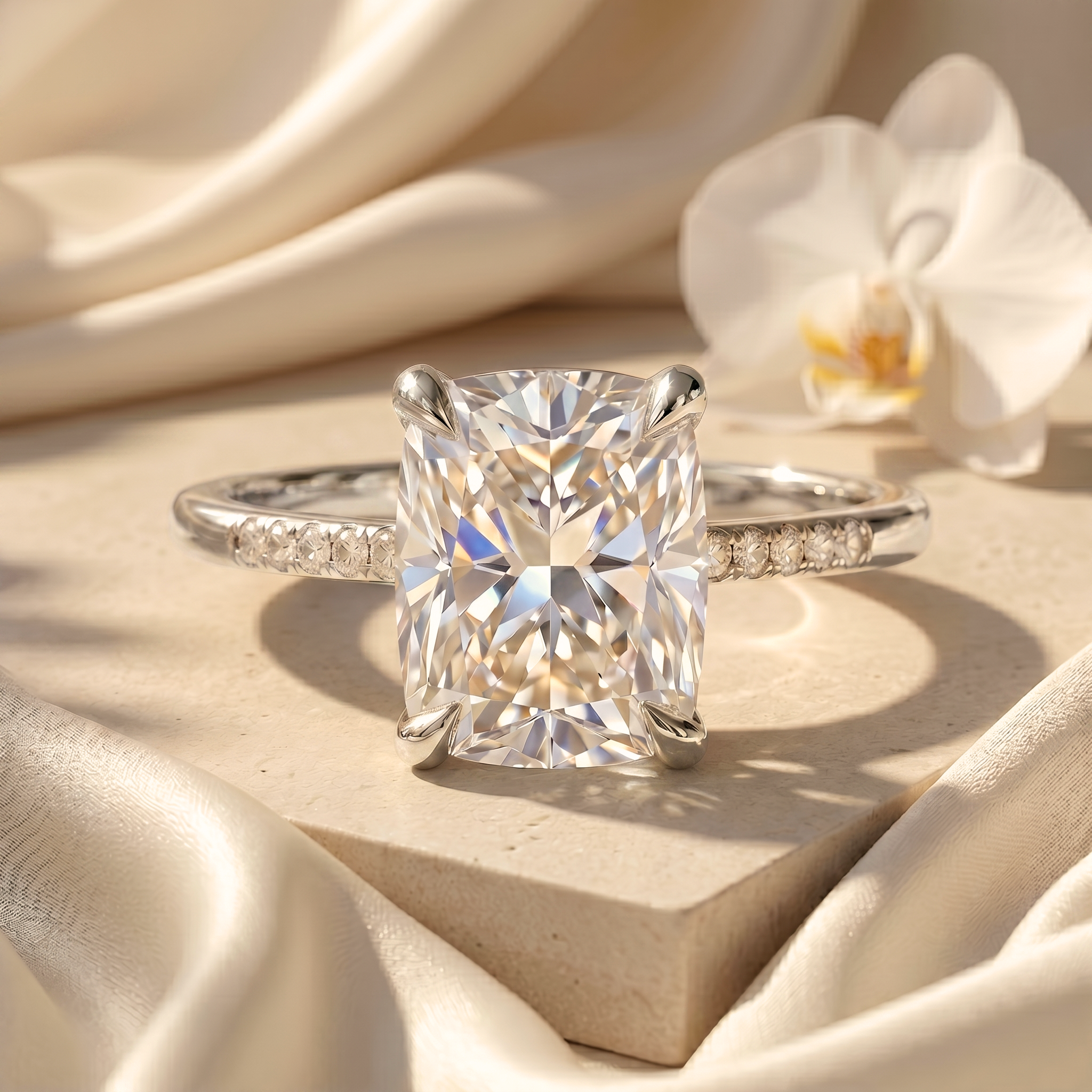A stunning white gold cushion-cut moissanite ring set against a soft silk backdrop.