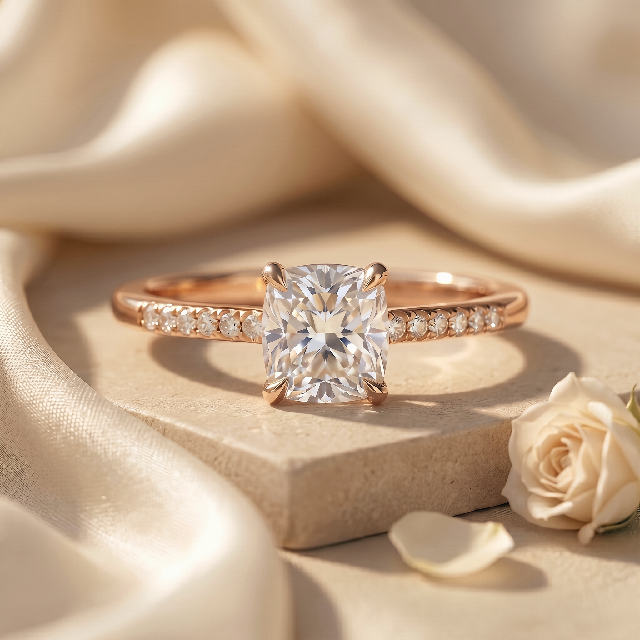 A front-facing view of a cushion-cut moissanite engagement ring with a pavé band in rose gold.