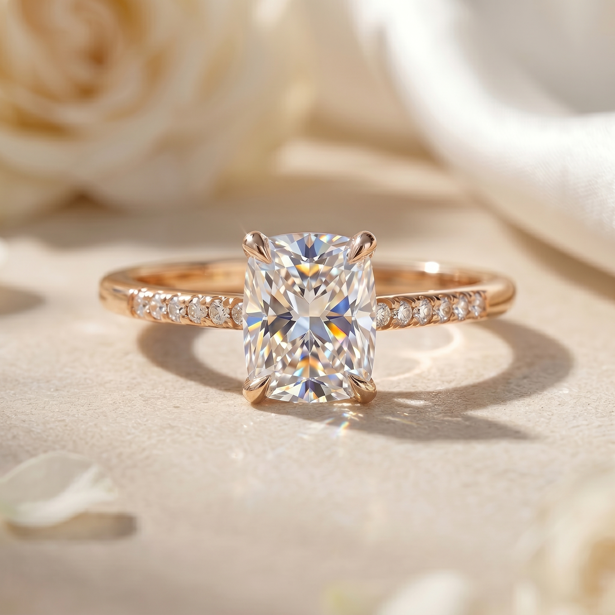 A front-facing view of a cushion-cut moissanite engagement ring on a rose gold pavé band.