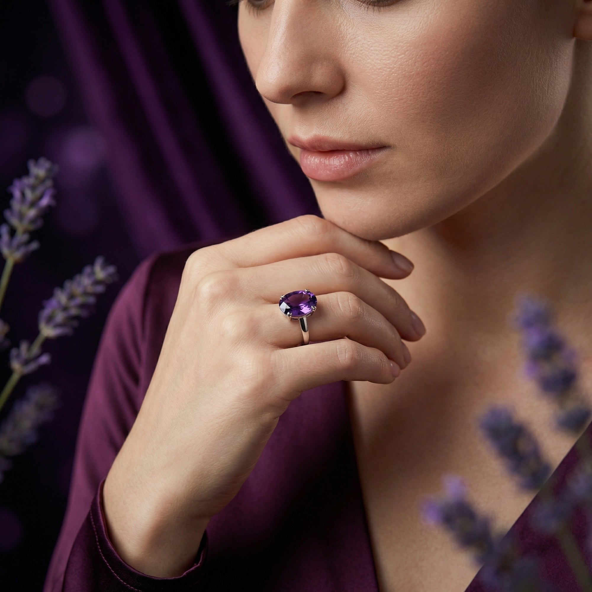 Lifestyle view of a woman wearing the oval amethyst sterling silver ring with lavender in the foreground.