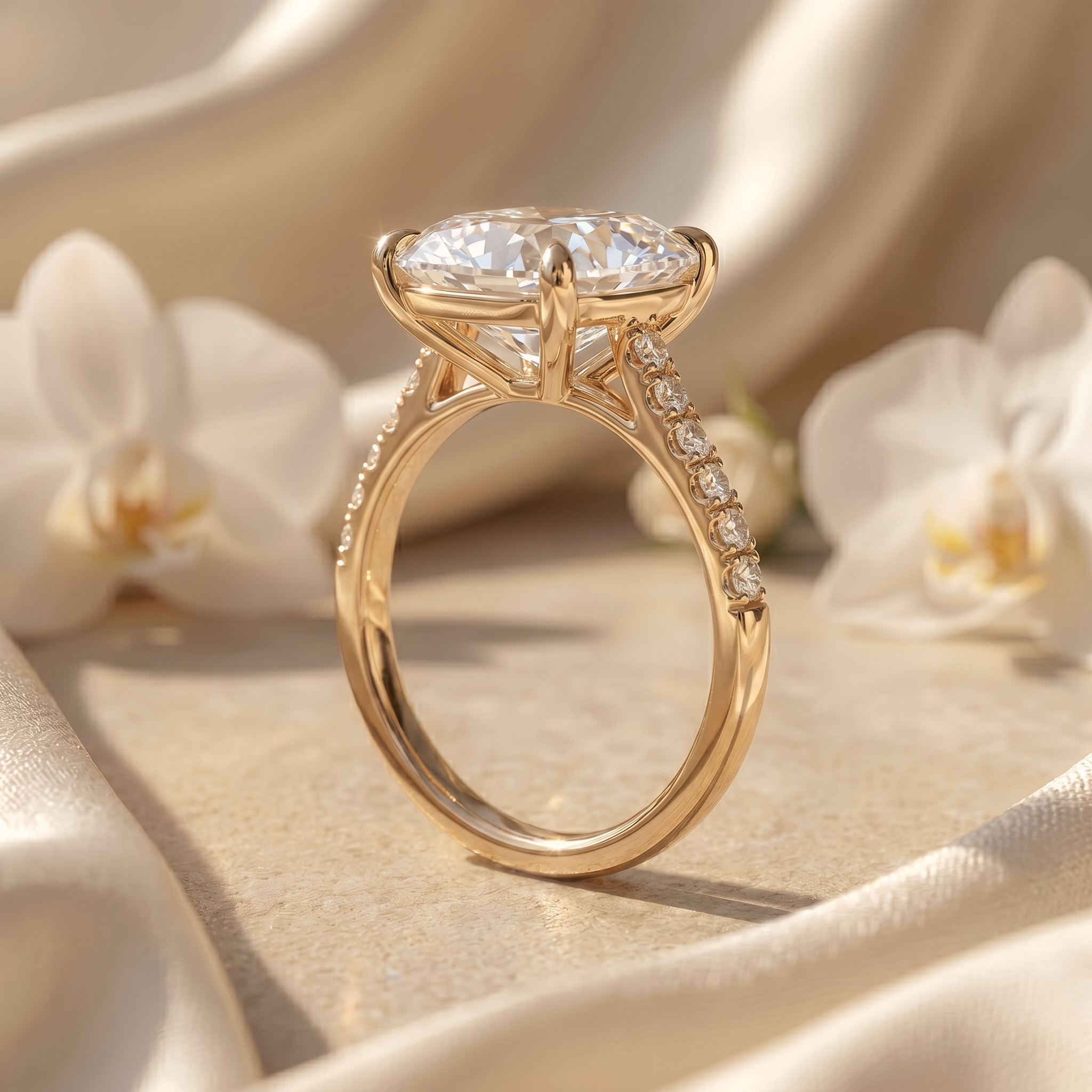 Side profile view of the yellow gold cushion-cut moissanite engagement ring, showcasing its diamond gallery rail and pave band details.
