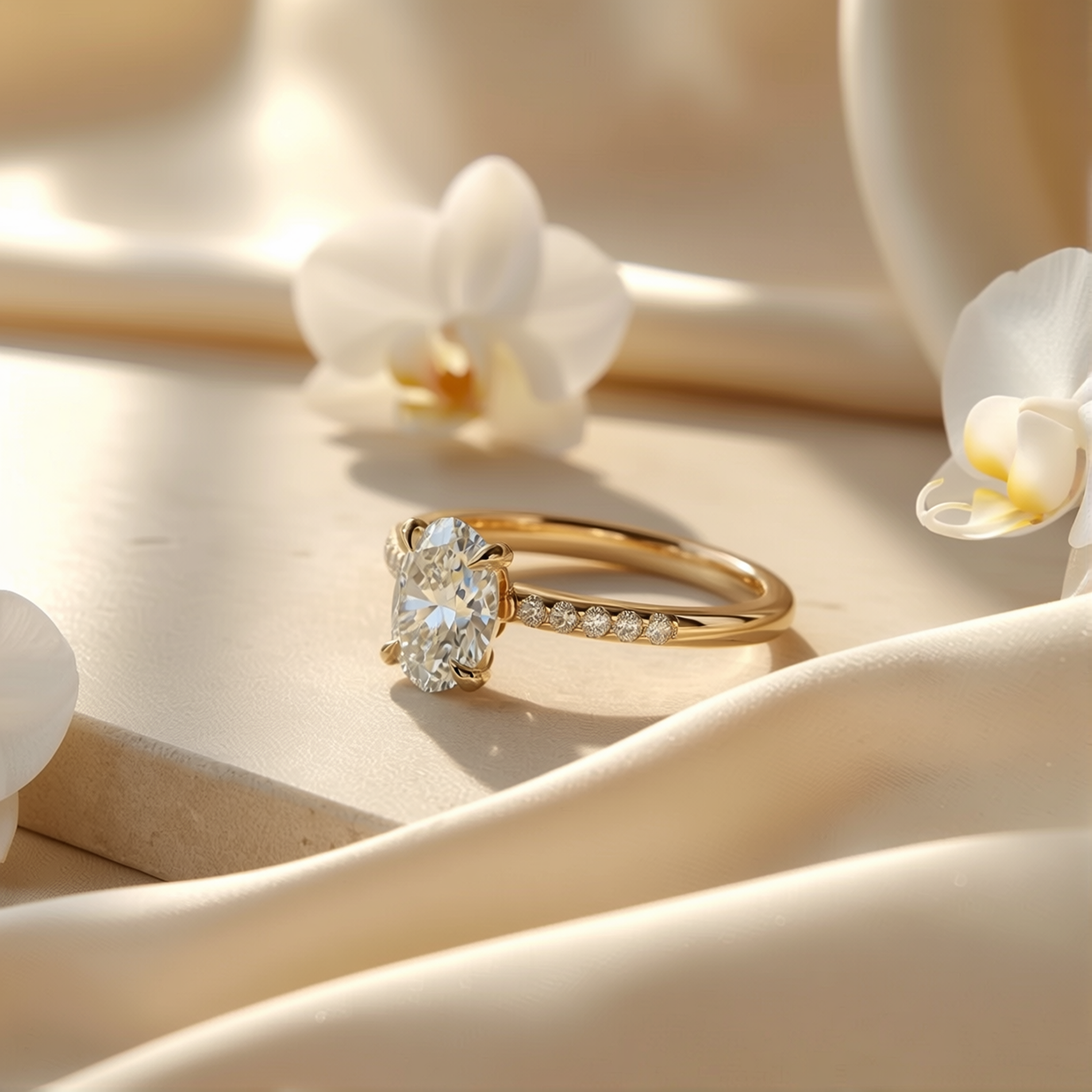 An angled close-up of a yellow gold oval-cut moissanite engagement ring resting on a cream stone slab surrounded by soft silk.