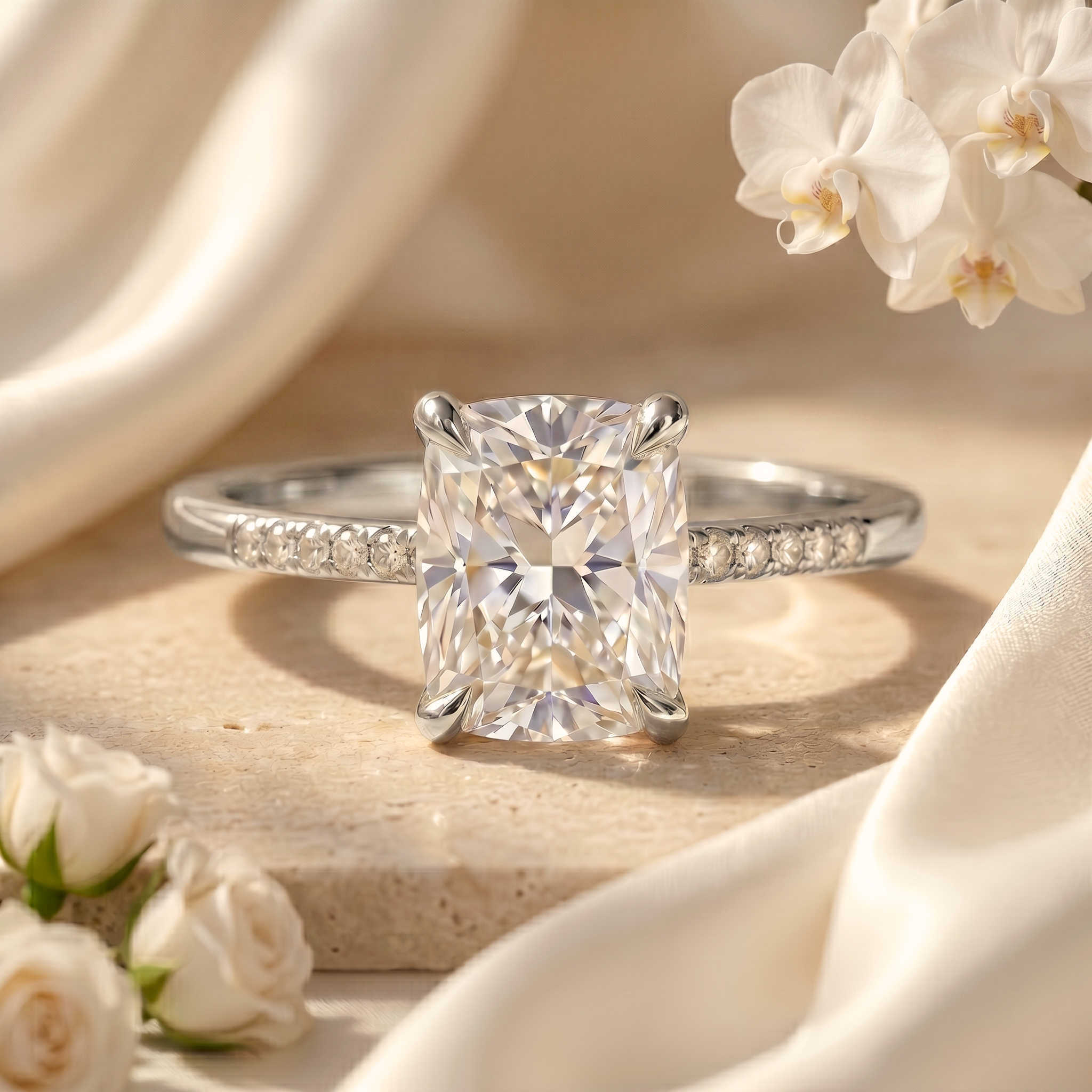 A white gold cushion cut moissanite engagement ring with a sparkling pavé band, presented on a light stone surface with neutral drapery and flowers.