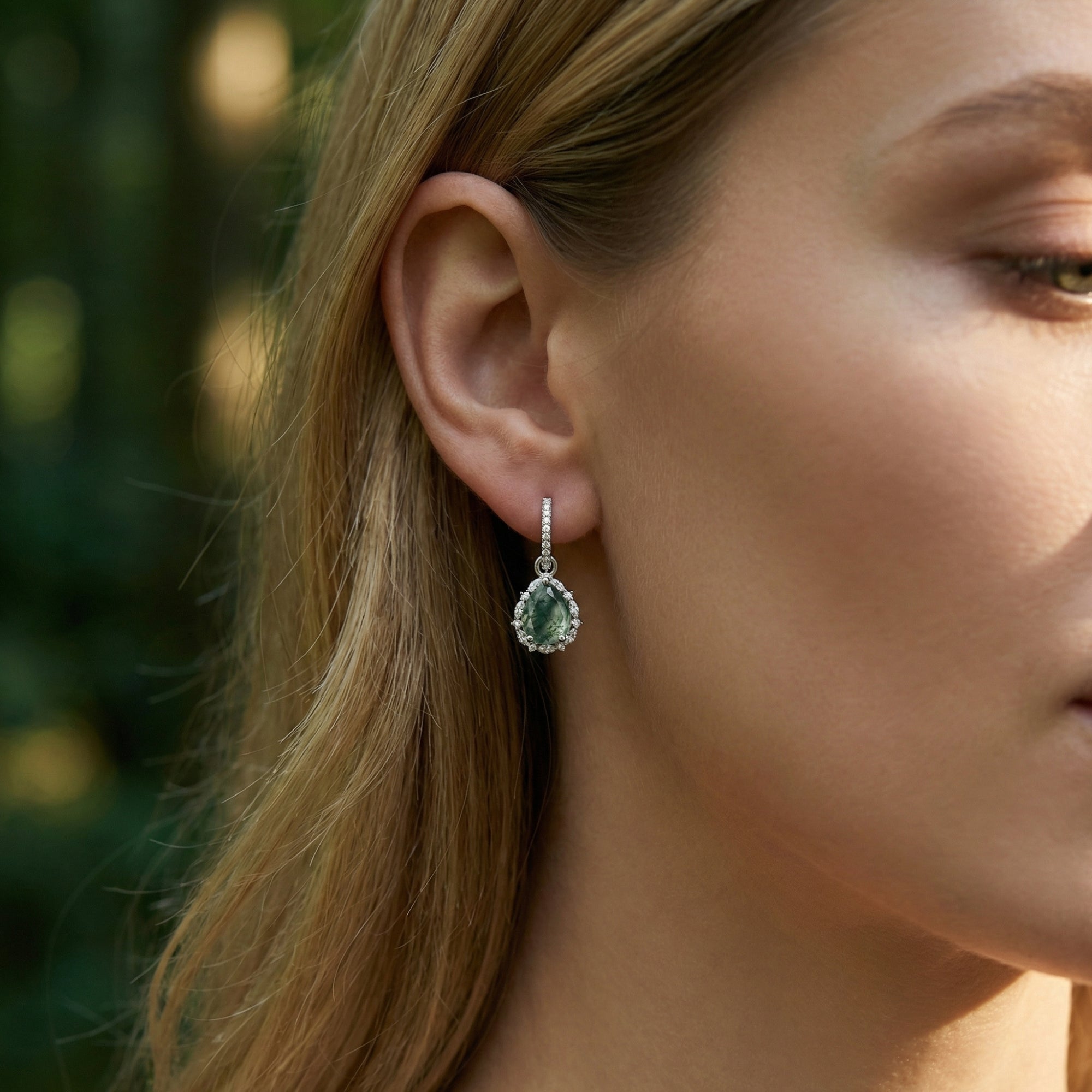 Teardrop Halo Natural Moss Agate Leverback Earrings - S925 Sterling Silver