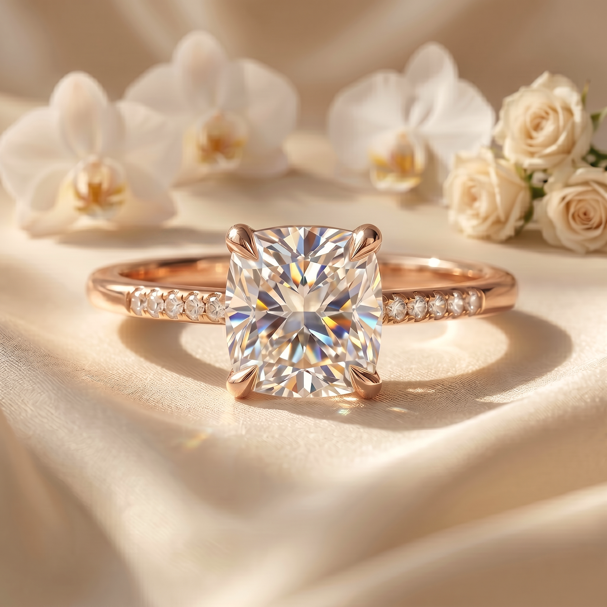 A rose gold cushion-cut moissanite engagement ring with a sparkling pavé band displayed on a neutral silk background.