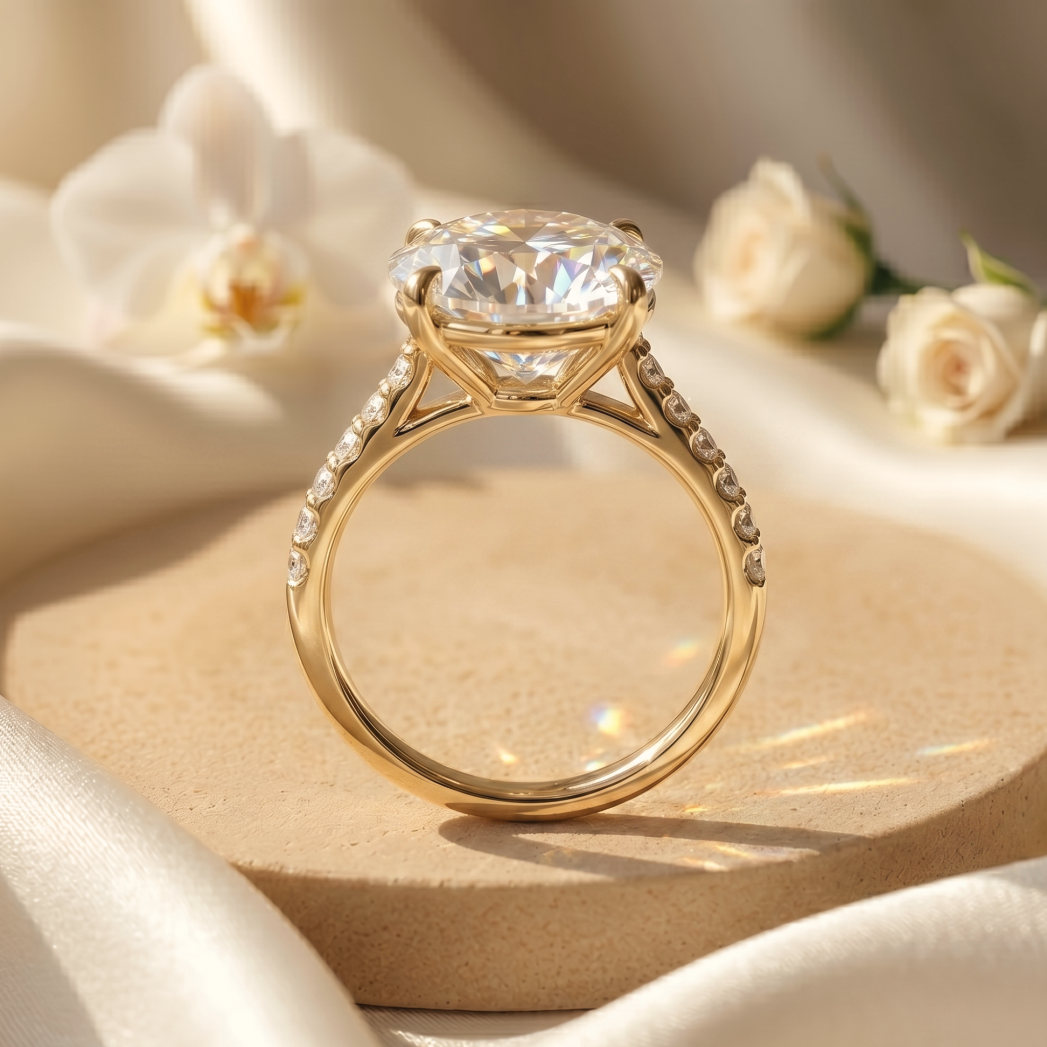 Profile view of a round-cut moissanite solitaire ring in yellow gold, displaying the intricate basket and pavé diamond setting.