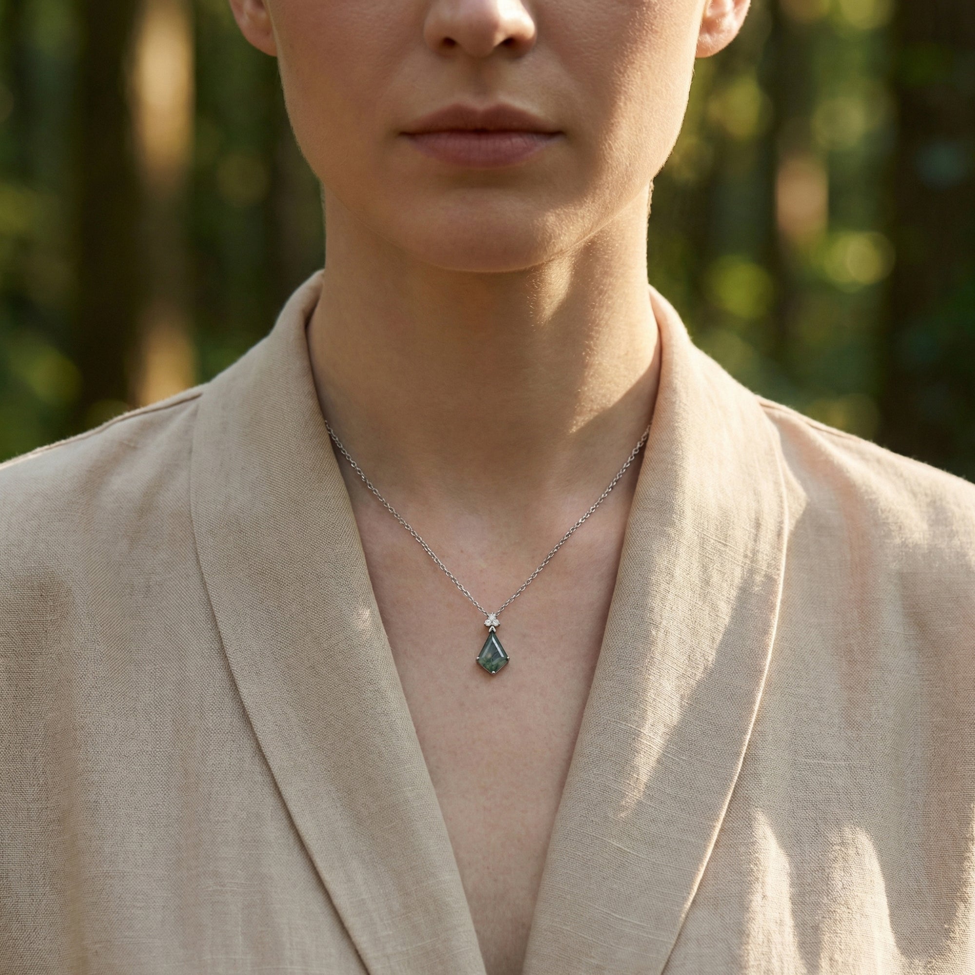 Trillion Cut Natural Moss Agate Point Necklace - S925 Sterling Silver