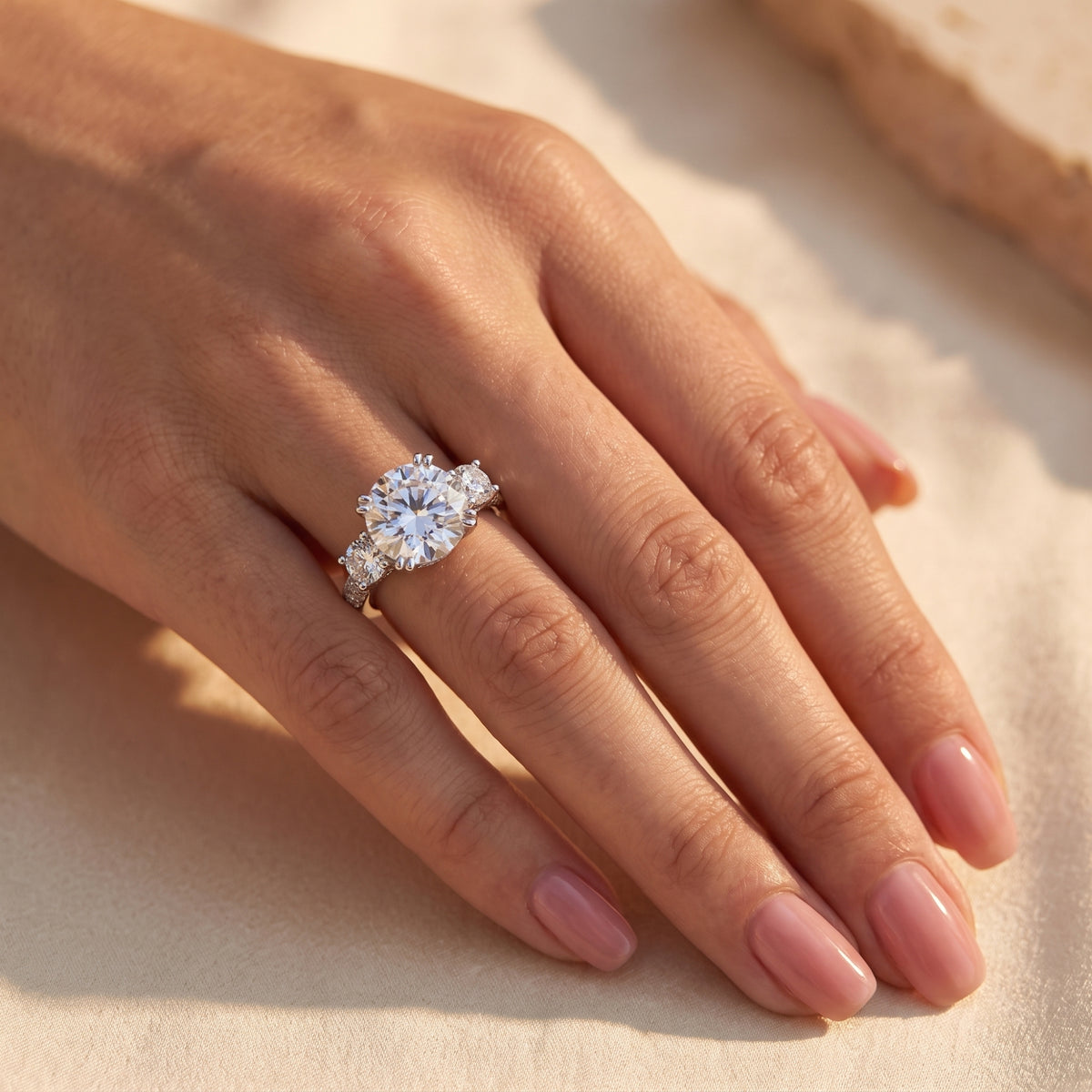 Hand wearing the silver three-stone ring under warm lighting against silk fabric.