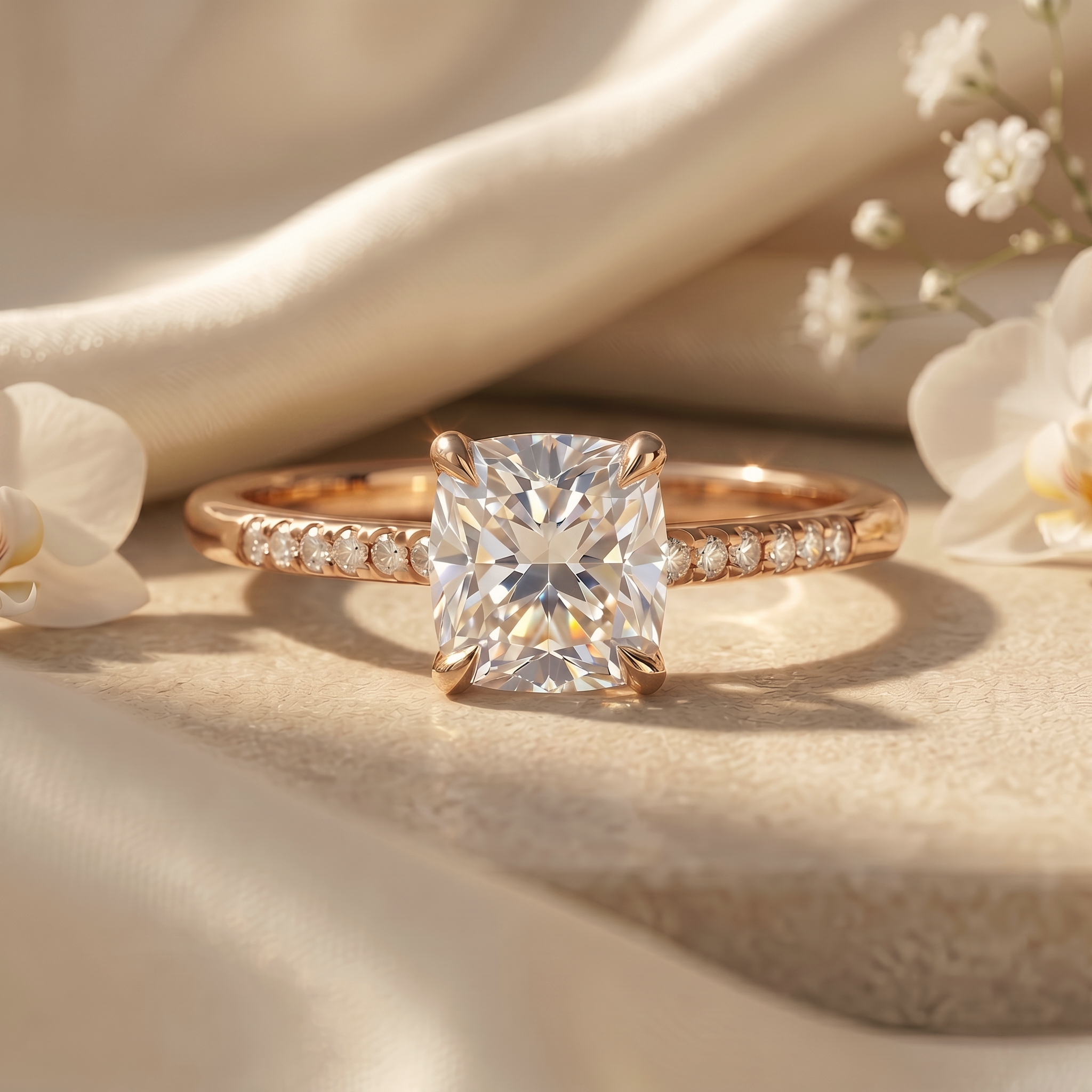 A cushion cut moissanite engagement ring with a diamond pavé band in rose gold, set against a neutral, silky background.