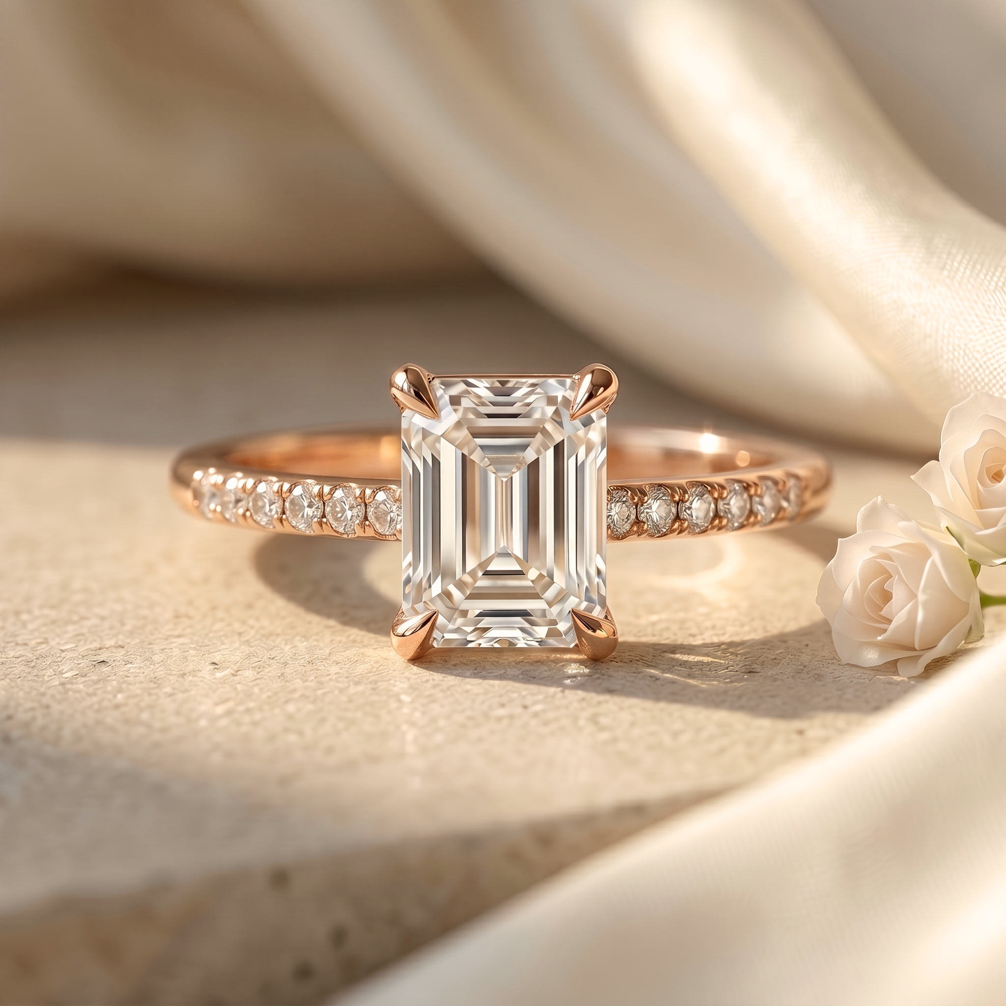 An elegant emerald cut rose gold moissanite engagement ring with a diamond pave band.