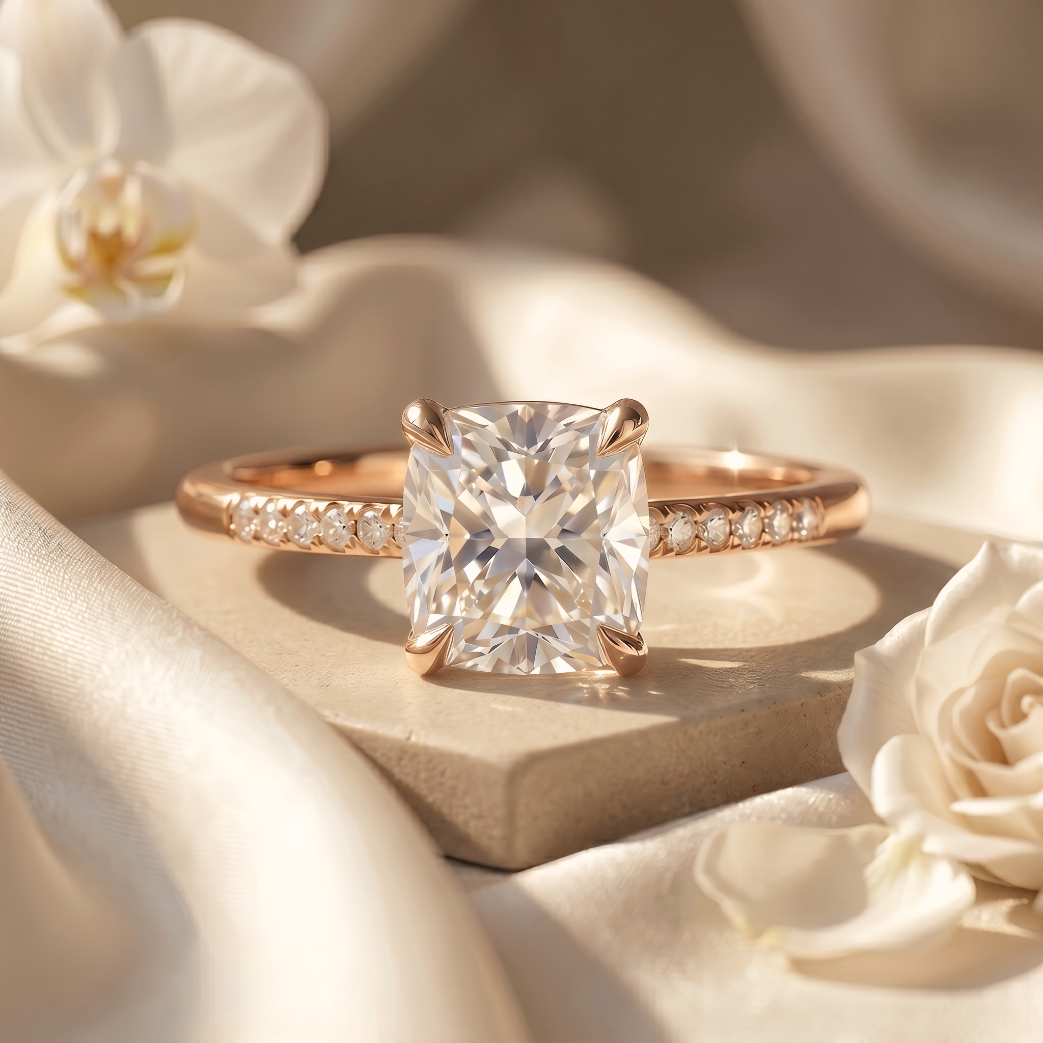 A beautiful cushion-cut moissanite engagement ring in warm rose gold with a pavé band, displayed on a stone setting.