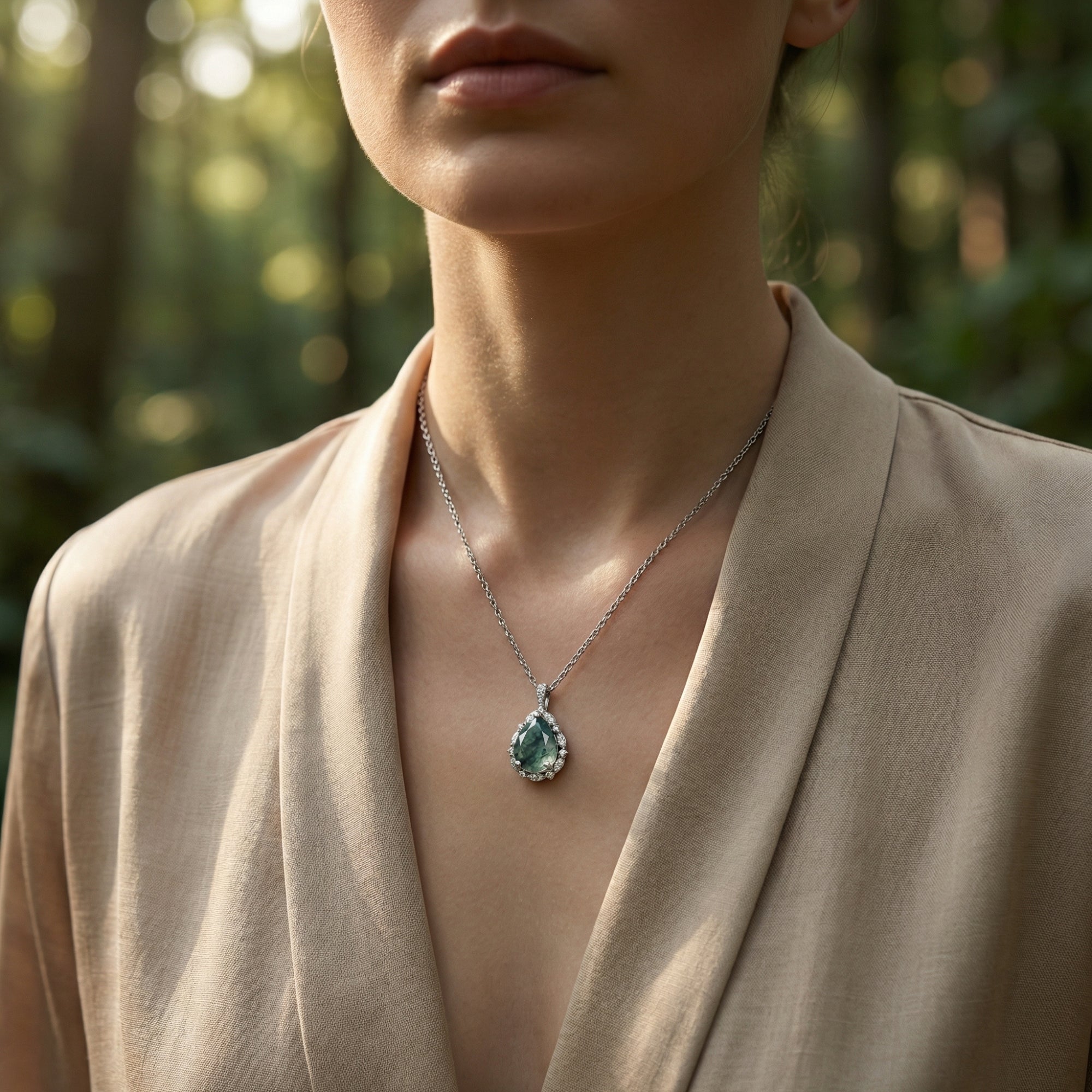 Sterling silver moss agate teardrop necklace worn by a model in a neutral-toned dress in a forest setting.