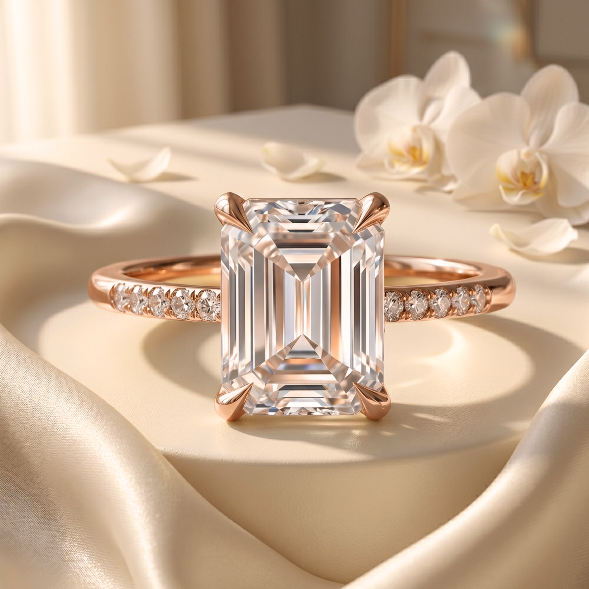 A front-facing view of the emerald-cut moissanite engagement ring in rose gold on a soft satin surface.