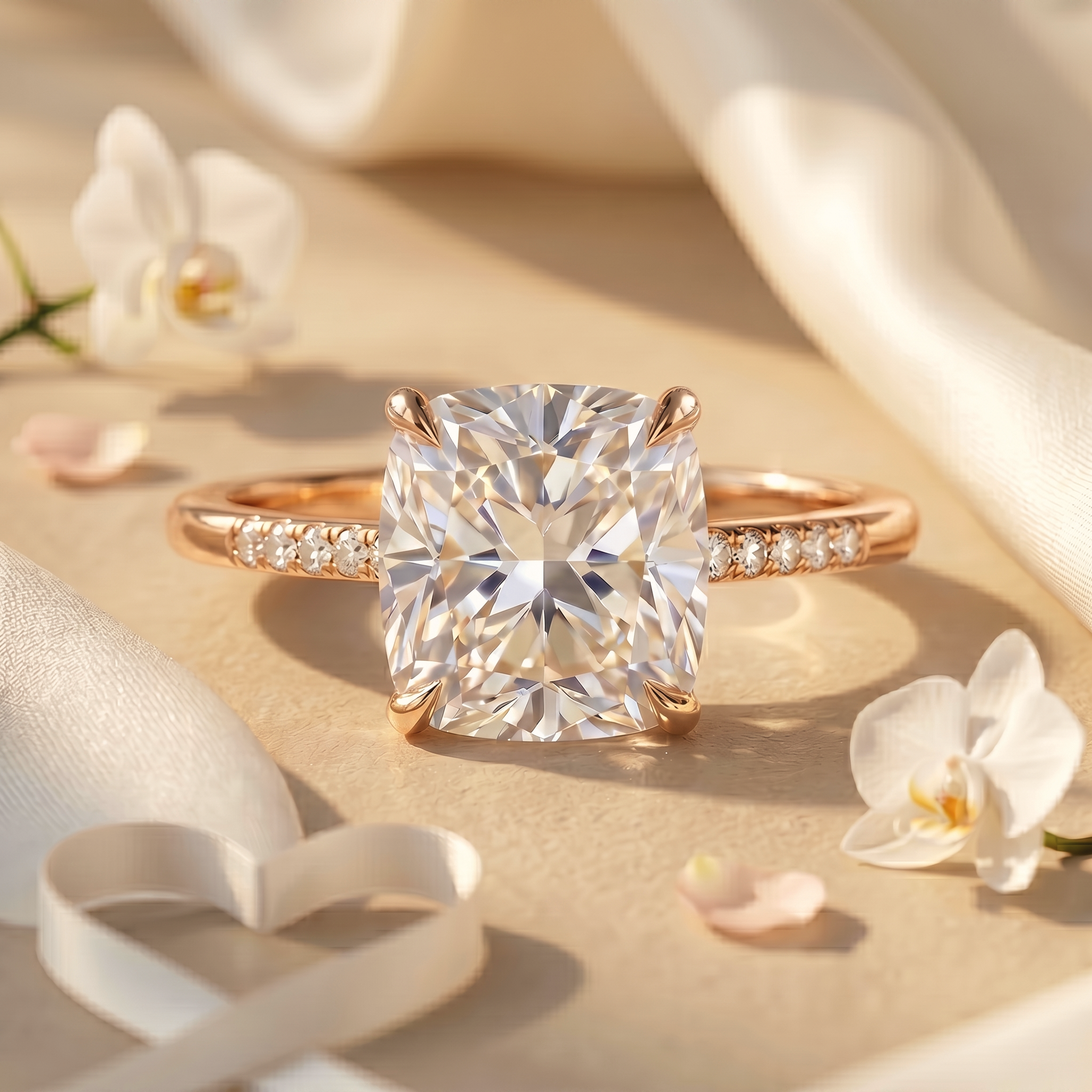 A beautiful rose gold cushion-cut moissanite engagement ring set against a soft fabric background.