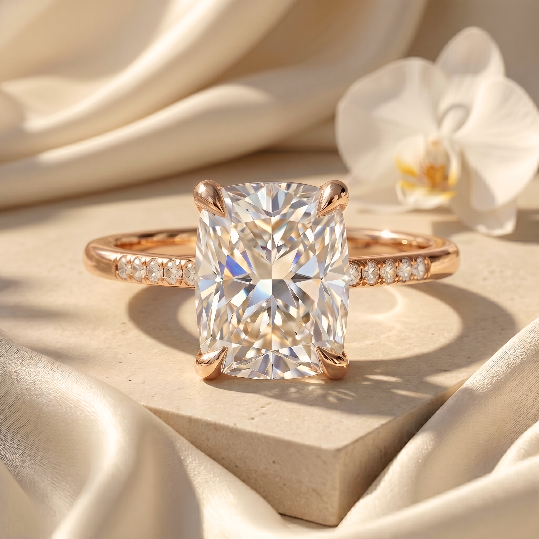 A beautiful rose gold cushion-cut moissanite engagement ring with a pave diamond band.