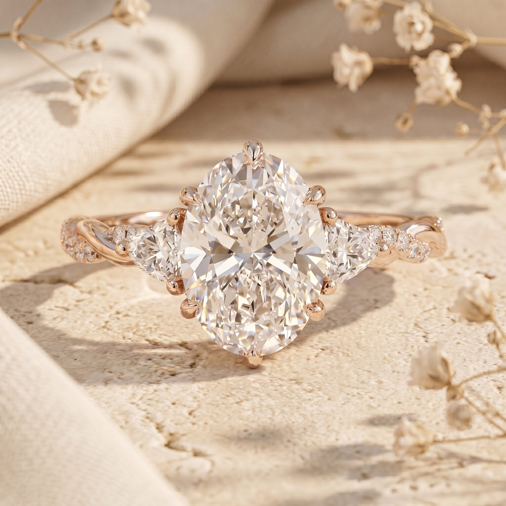 3-carat oval moissanite ring in rose gold on a lifestyle background with dried flowers.