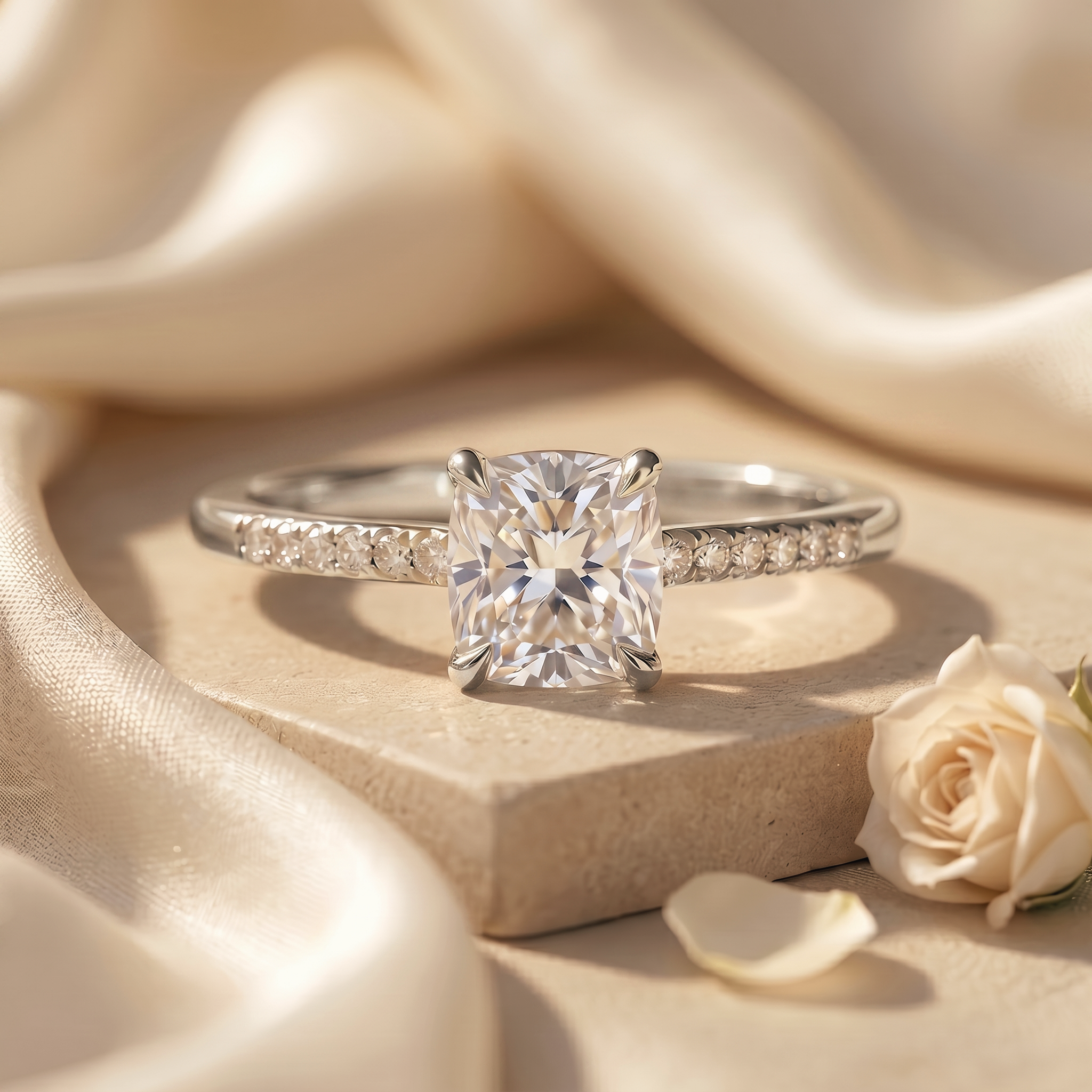A front-facing view of a cushion-cut moissanite engagement ring with a pavé band in white gold.