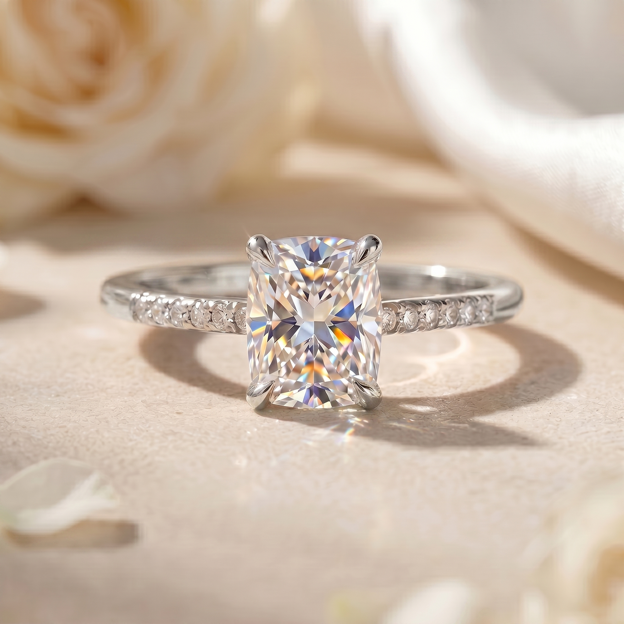 A front-facing view of a cushion-cut moissanite engagement ring with a white gold pavé band.