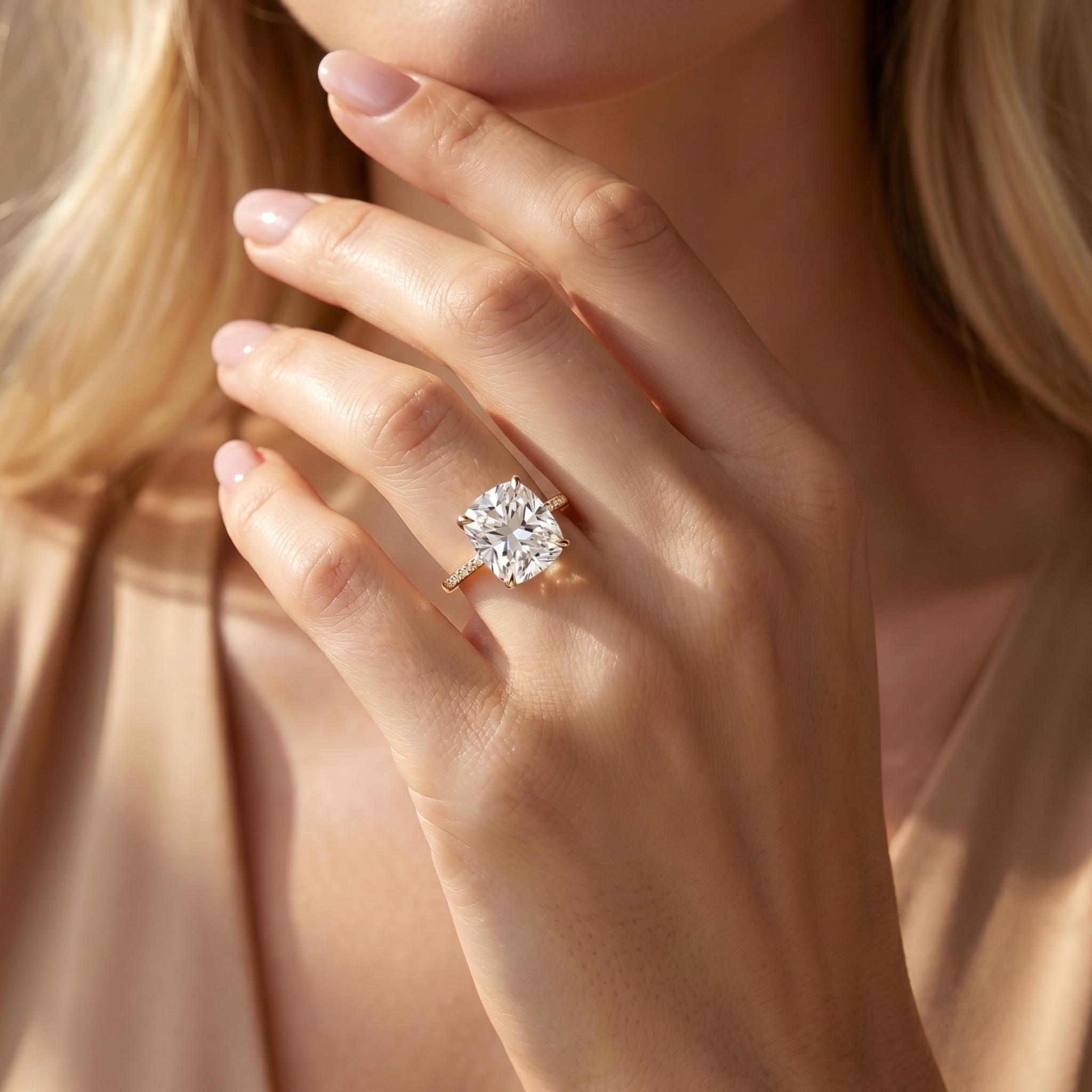 A model wearing the yellow gold cushion-cut moissanite engagement ring on her ring finger.