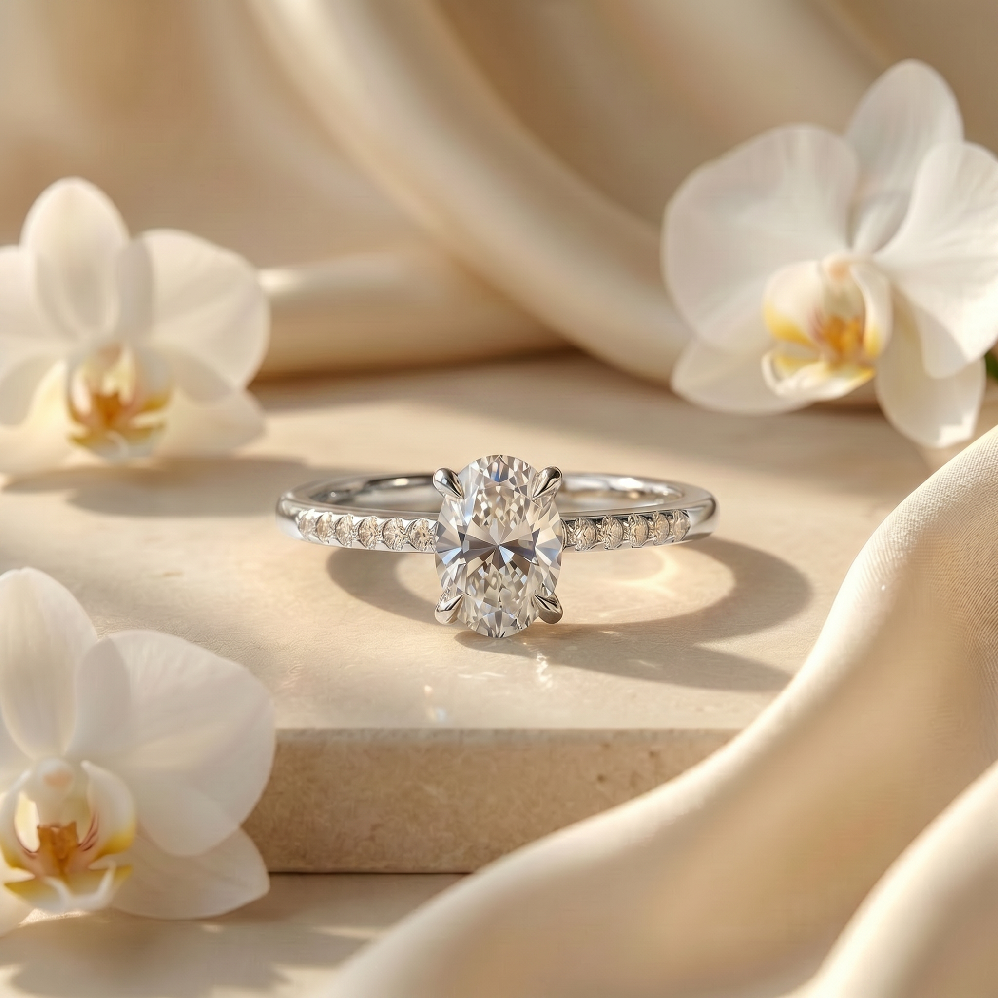 An elegant oval-cut moissanite engagement ring in white gold with a pavé diamond band, displayed on a cream stone surface with white orchids.