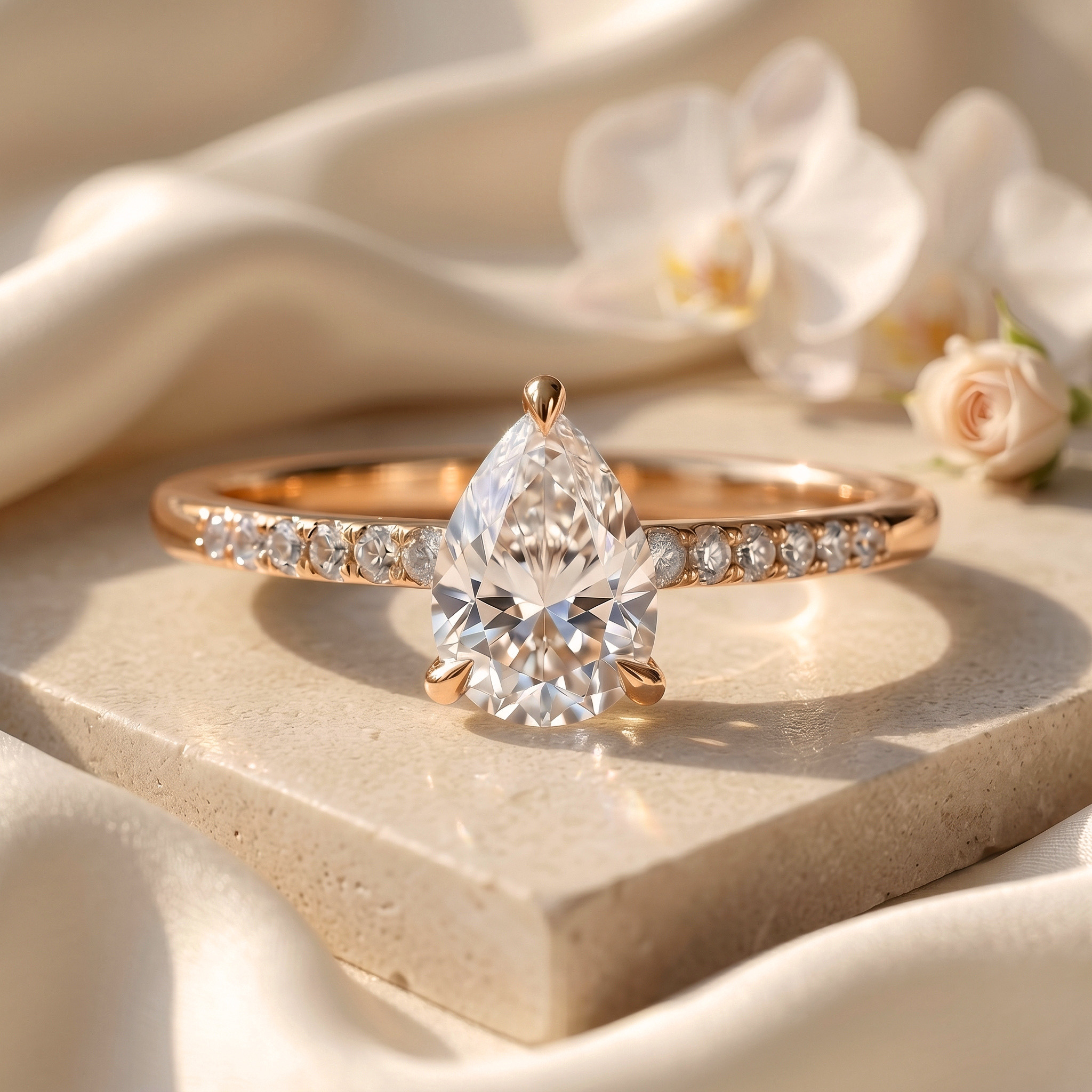 A rose gold pear-cut moissanite engagement ring with a pavé band, beautifully presented on a stone block.