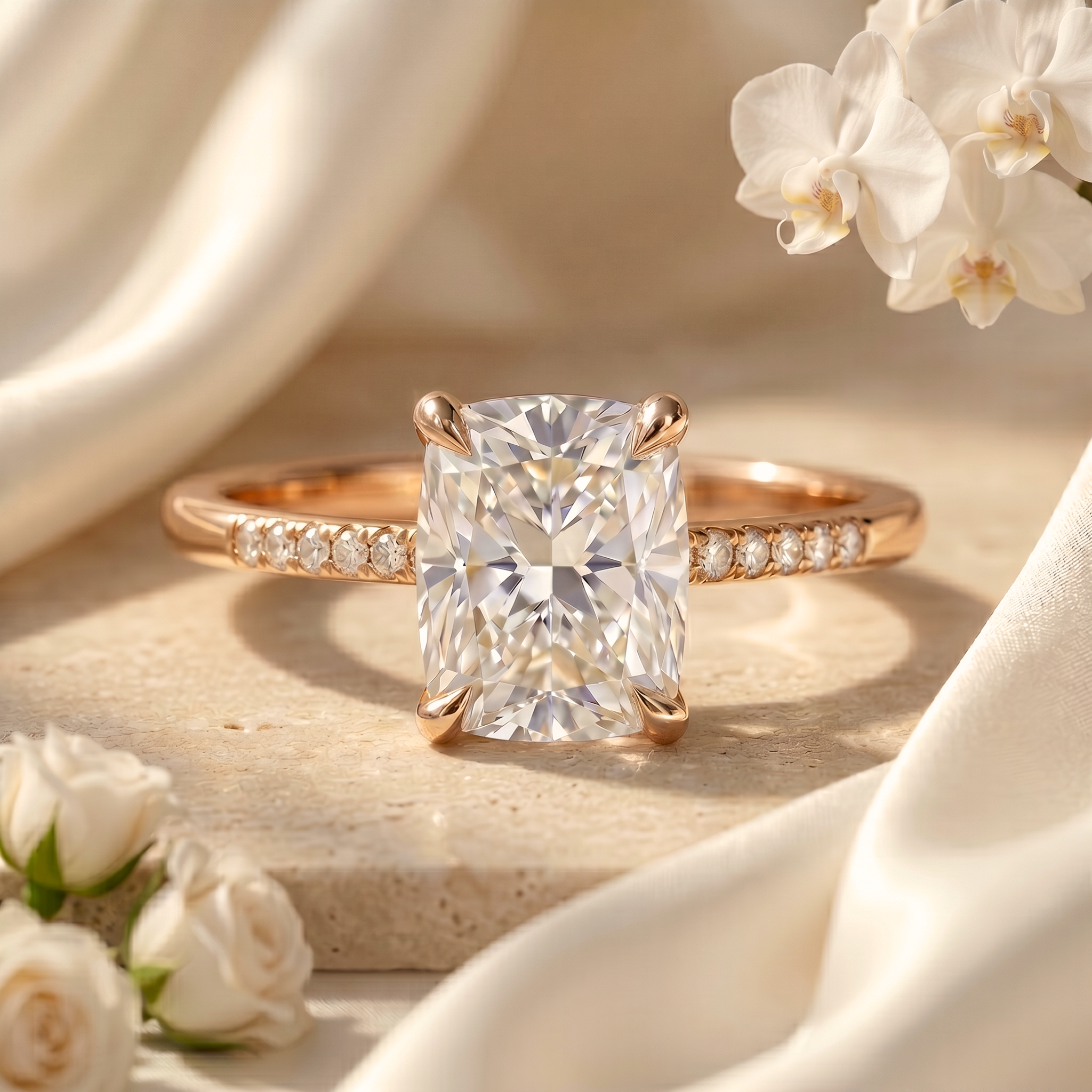 A rose gold cushion cut moissanite engagement ring with a pavé band, set against a romantic backdrop of soft silk and white flowers.