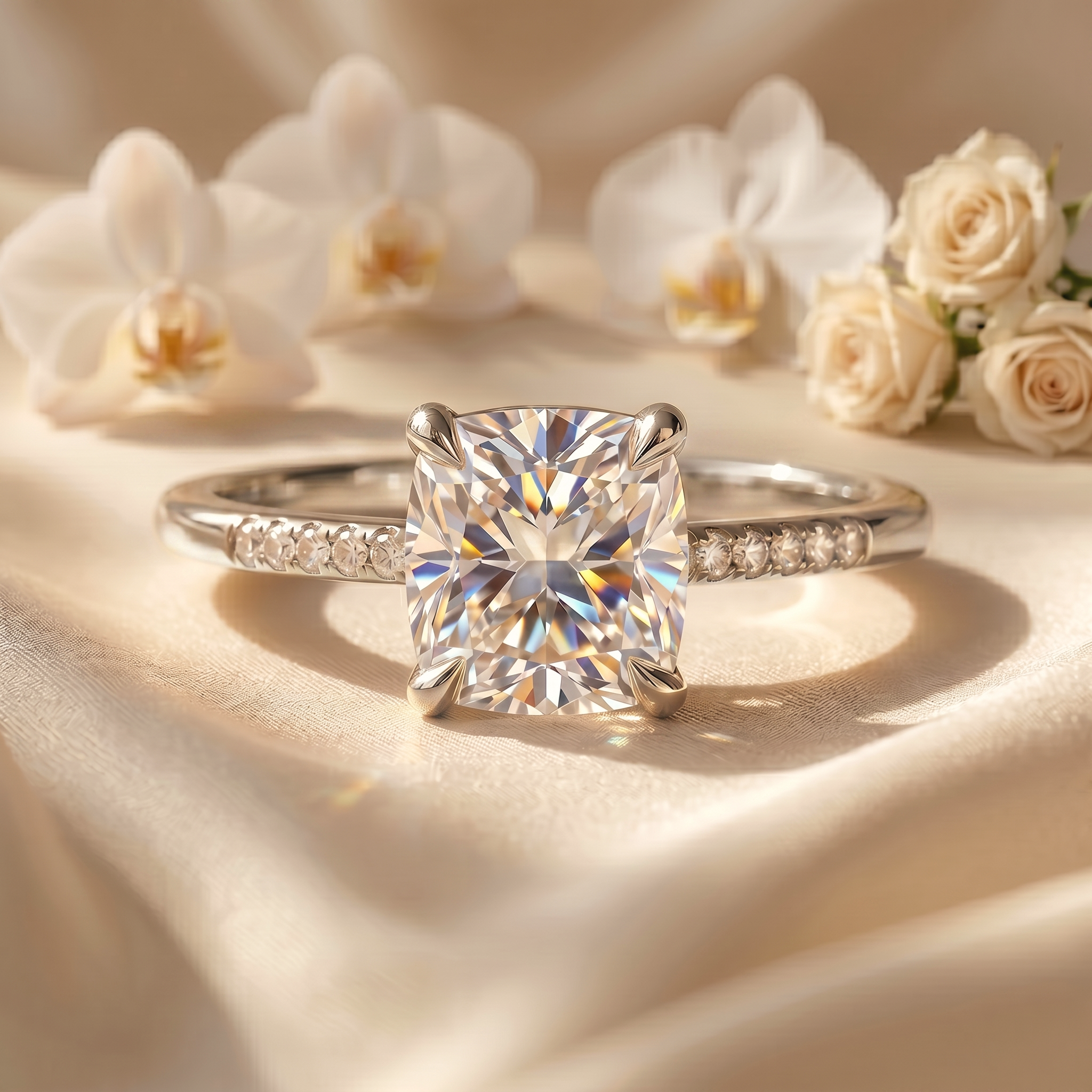 A white gold cushion-cut moissanite engagement ring with a shimmering diamond band on a luxurious silk background.