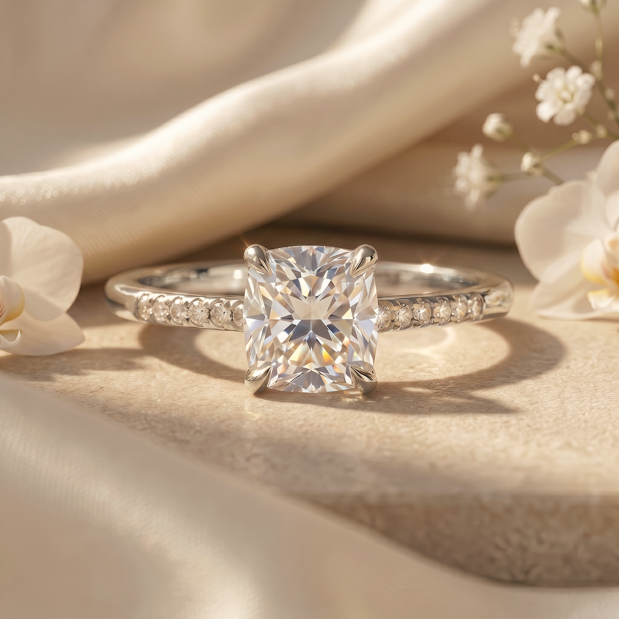A white gold cushion cut moissanite engagement ring with a sparkling pavé diamond band on a textured stone surface.