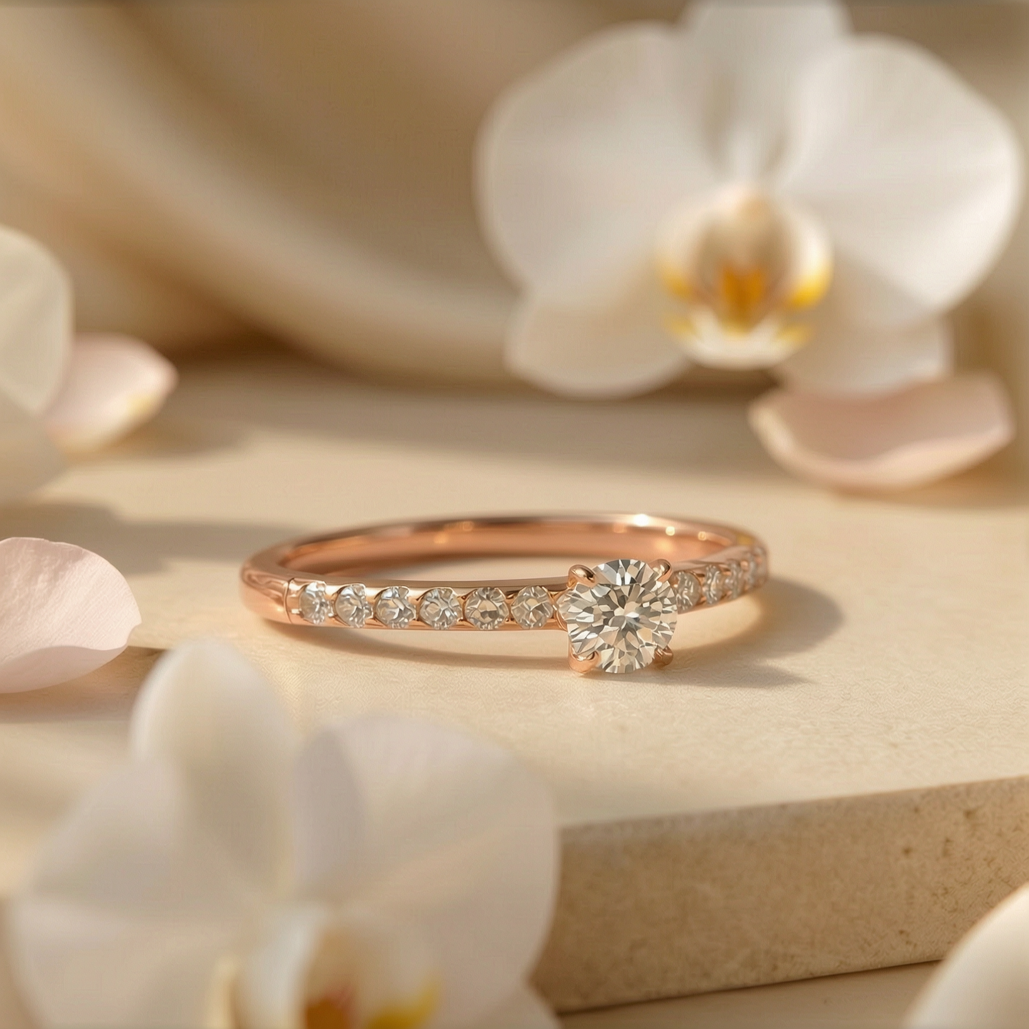 A rose gold round-cut moissanite engagement ring featuring a sparkling pavé band on a stone surface.