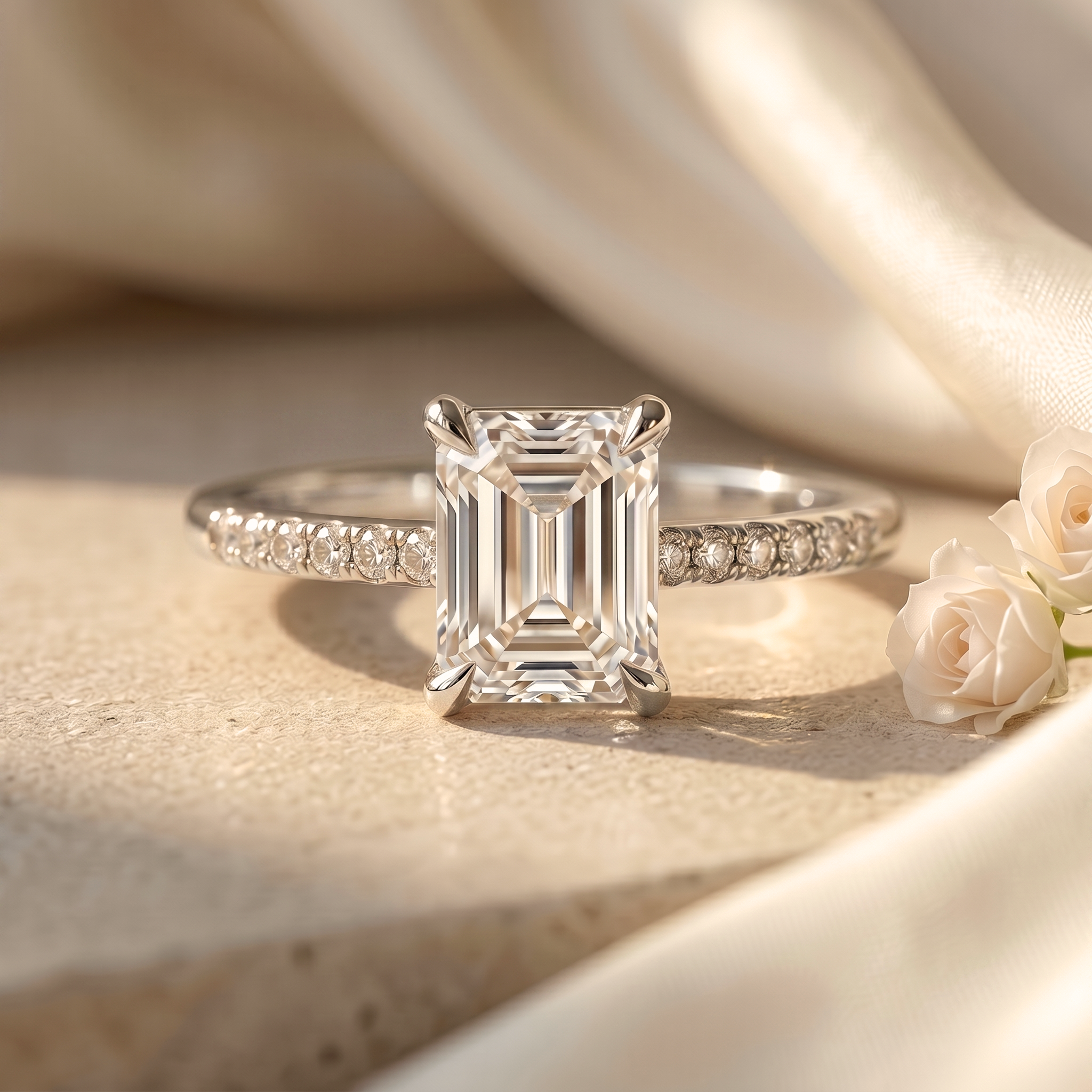 A classic emerald cut white gold moissanite engagement ring with a diamond pave band.