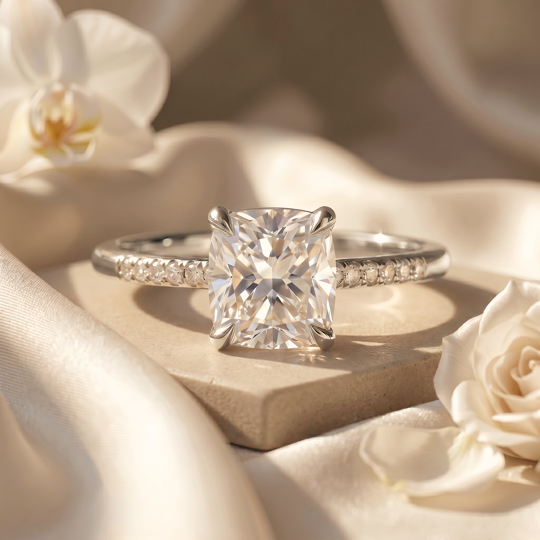 An elegant white gold cushion-cut moissanite engagement ring with a pavé band, presented on a neutral stone background.