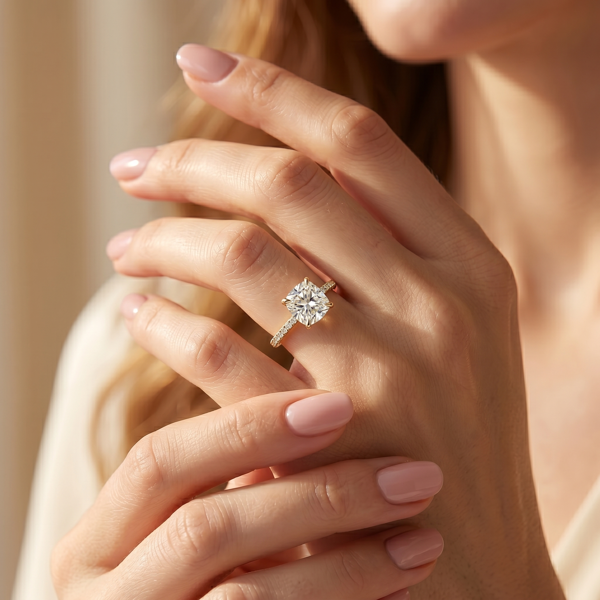 A yellow gold cushion-cut moissanite ring showcased elegantly on a model's hand.