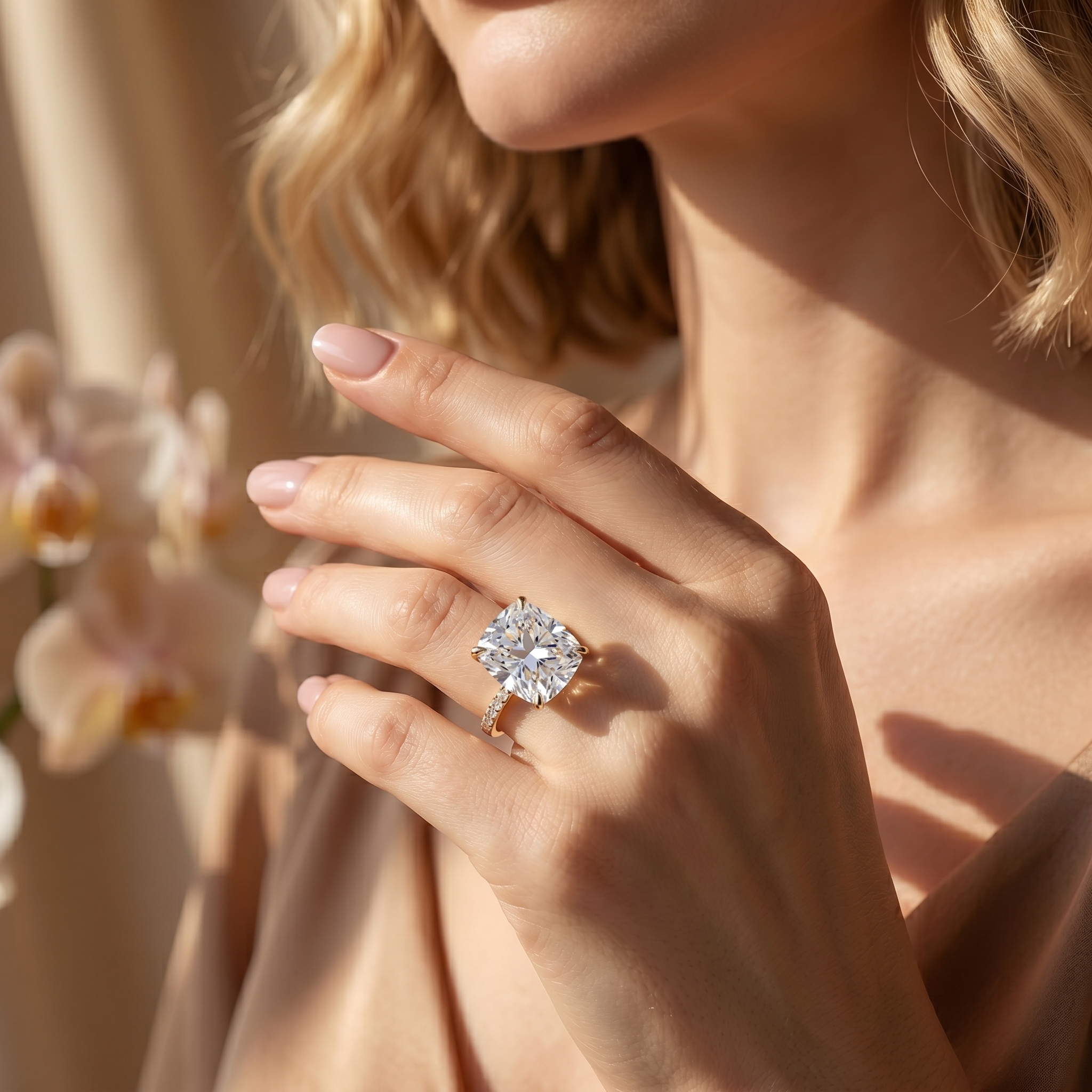 Close-up of the yellow gold cushion-cut moissanite engagement ring on a model's hand, highlighting its sparkling brilliance in natural light.