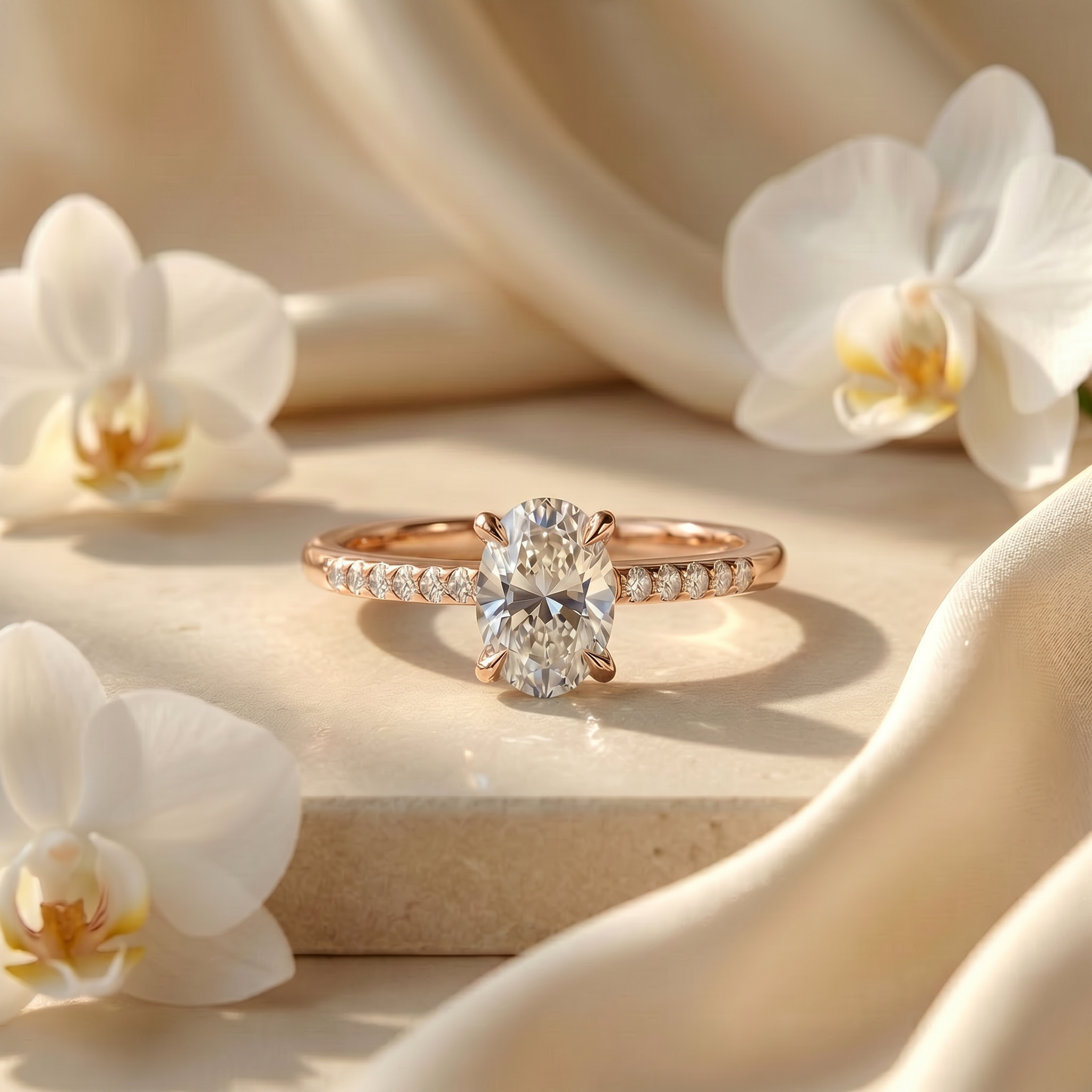 An elegant oval-cut moissanite engagement ring in rose gold with a pavé diamond band, displayed on a cream stone surface with white orchids.