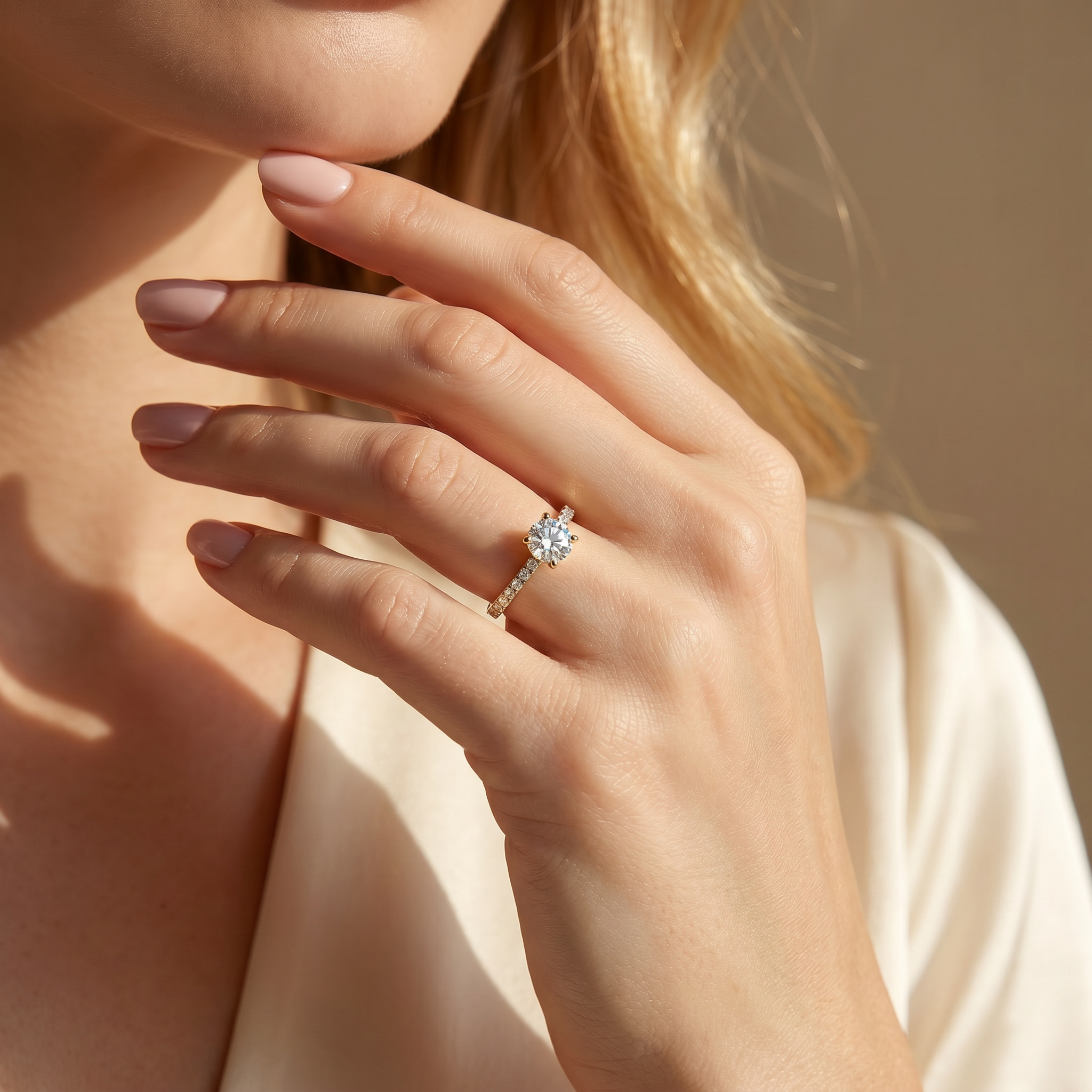 A yellow gold round-cut moissanite engagement ring with a pavé-set band catching the light on a woman's hand.