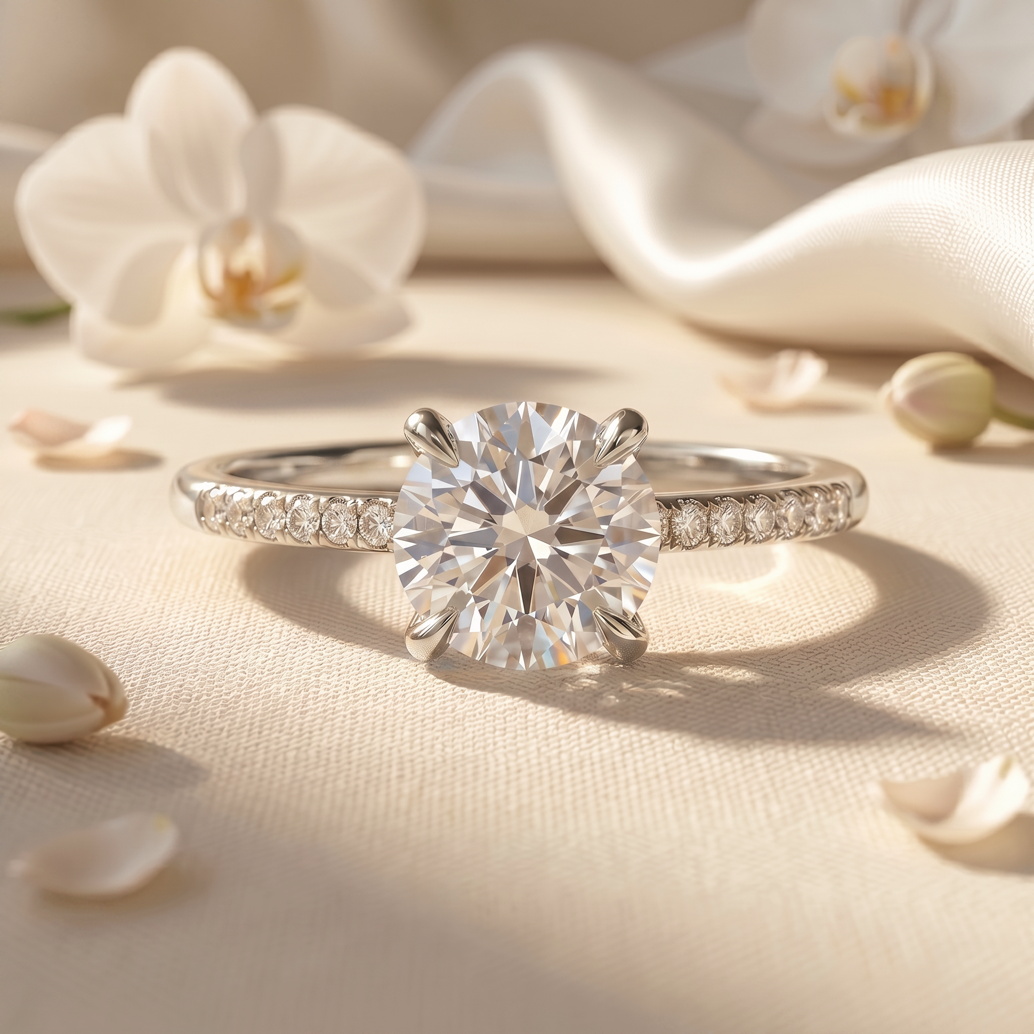 A classic round-cut moissanite engagement ring with a sparkling diamond-accented band in white gold.