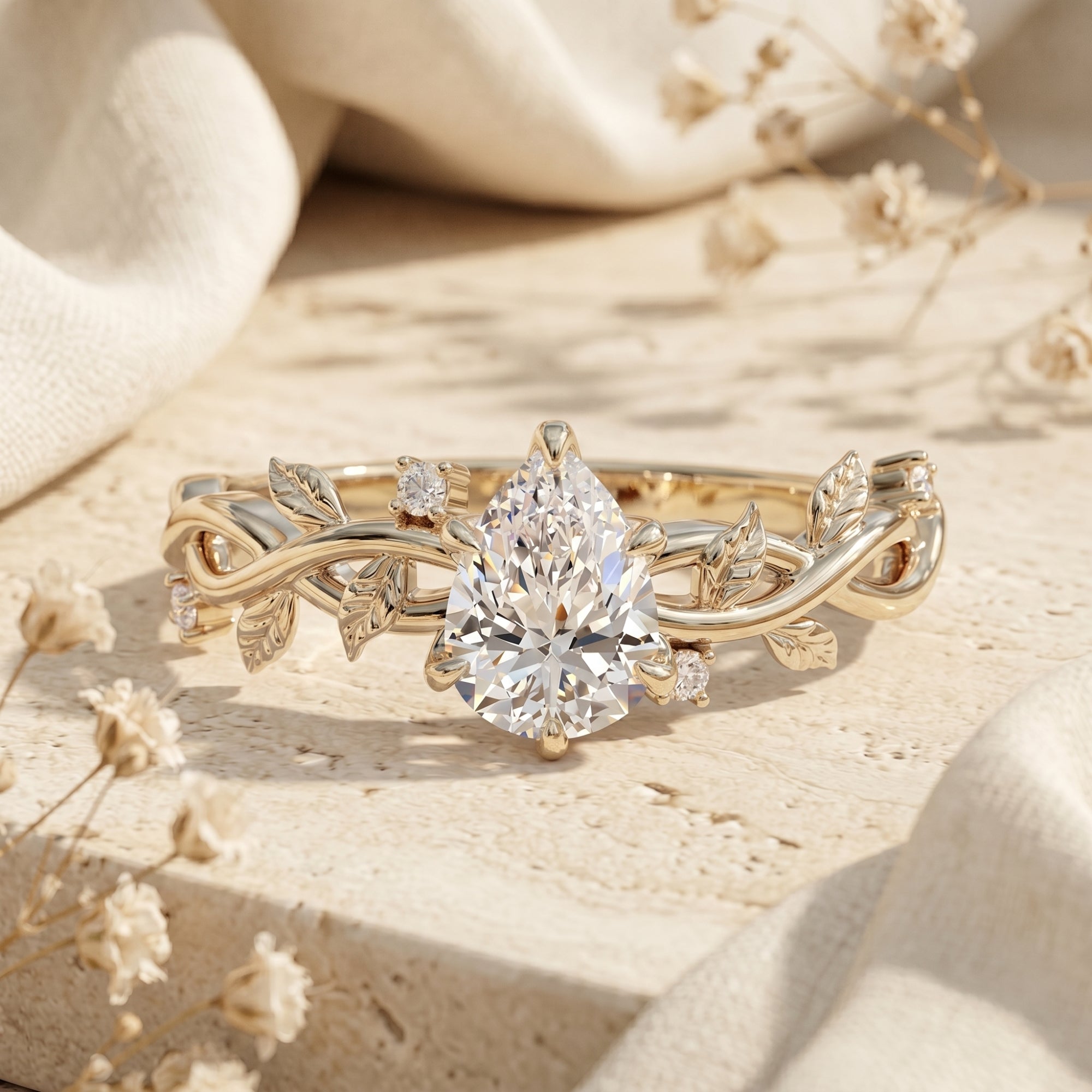 Yellow gold finish pear cut moissanite ring with vine band on a lifestyle background.