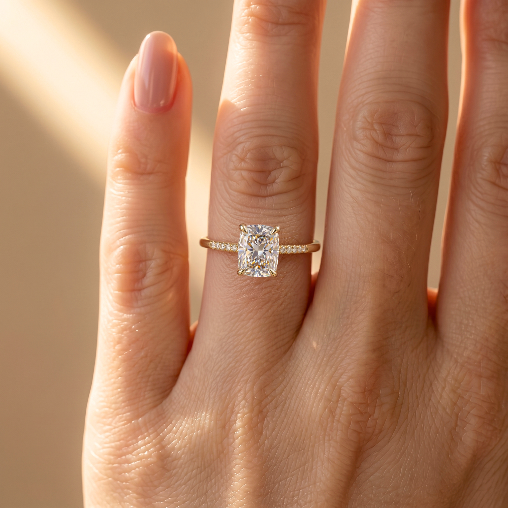 Close-up of a cushion cut yellow gold moissanite engagement ring worn on a hand in the warm sunlight.