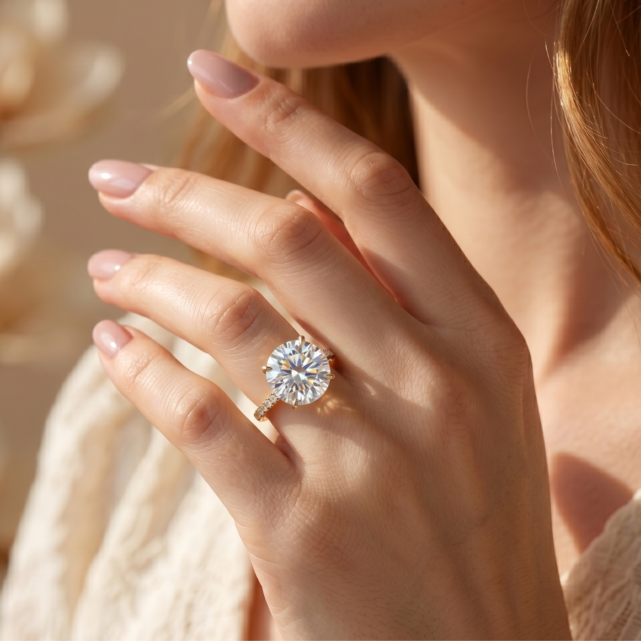 A lifestyle view of a classic round-cut moissanite solitaire engagement ring in yellow gold worn elegantly on a finger.