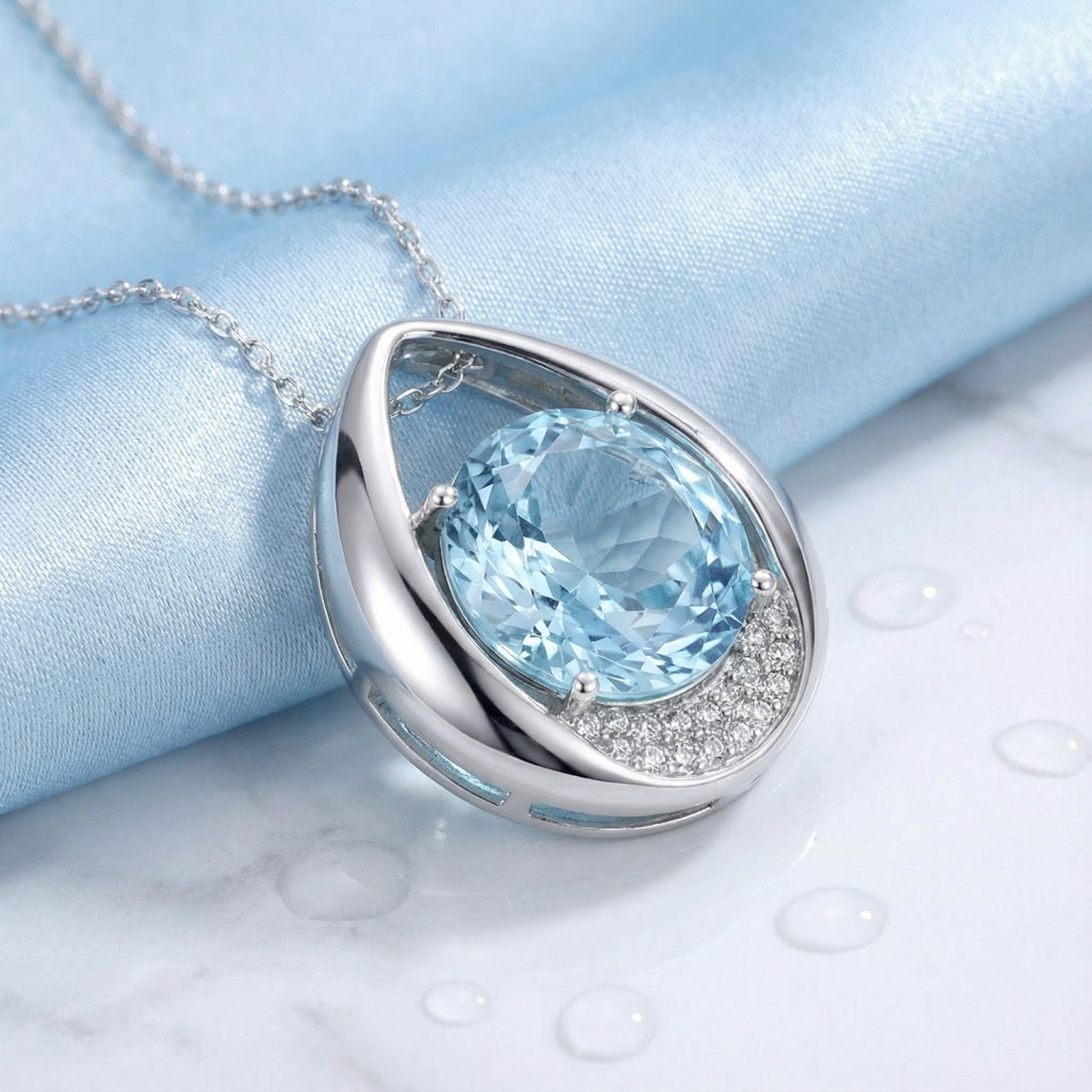 Macro shot of a sterling silver teardrop pendant featuring a faceted blue simulated aquamarine and accent stones.