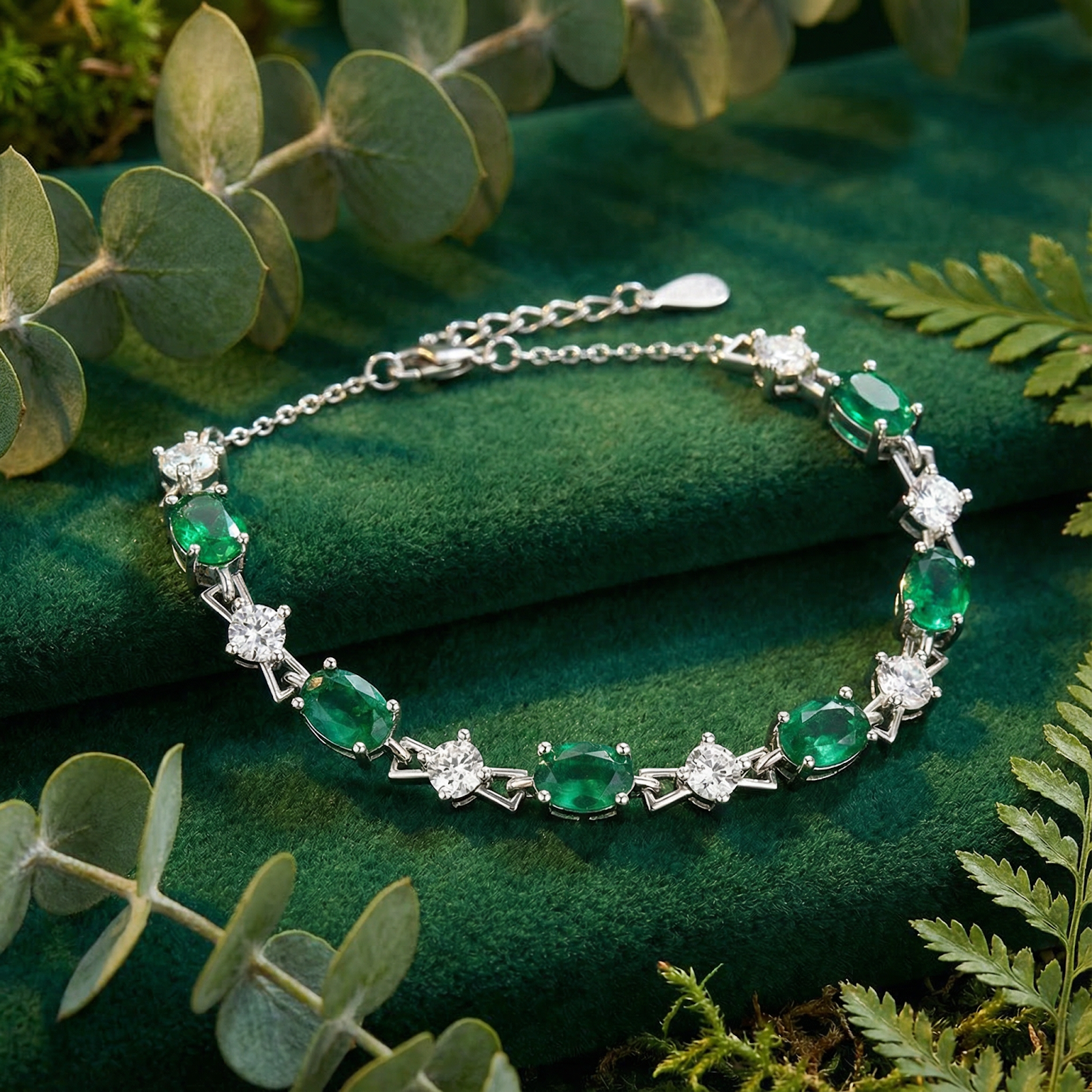 Top-down view of a silver bracelet featuring oval-cut simulated emeralds on a green velvet surface.