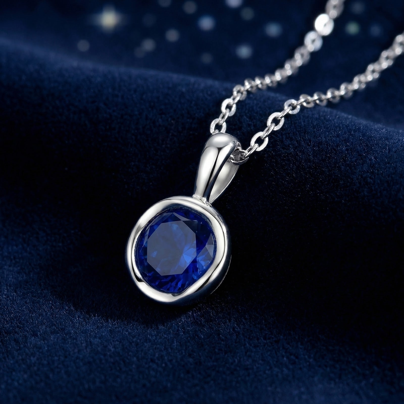 Round-cut simulated blue sapphire pendant in a silver bezel setting on dark blue velvet fabric.
