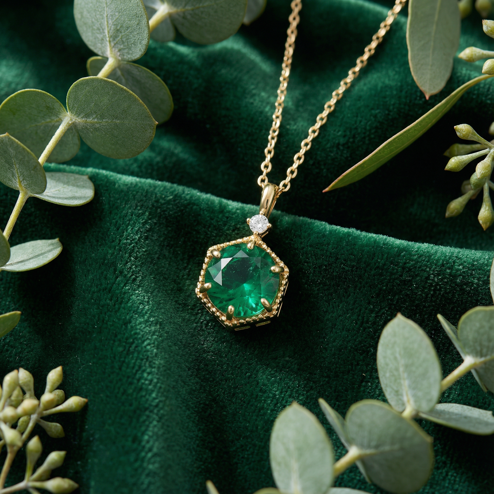 Round simulated emerald necklace in a gold vermeil hexagonal frame on green velvet with eucalyptus leaves.