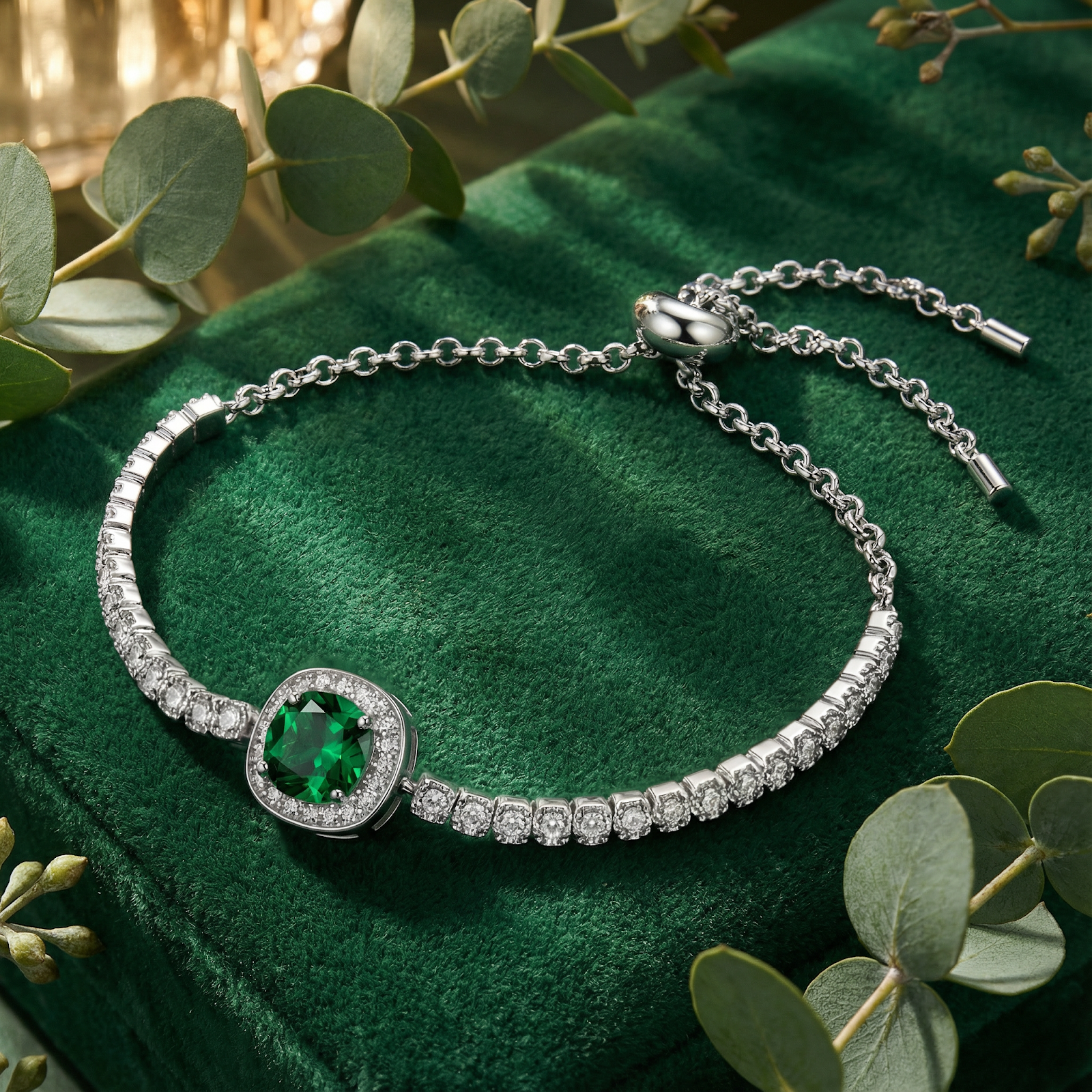Sterling silver bolo bracelet with a cushion-cut simulated emerald in a halo setting on green velvet with leaves.