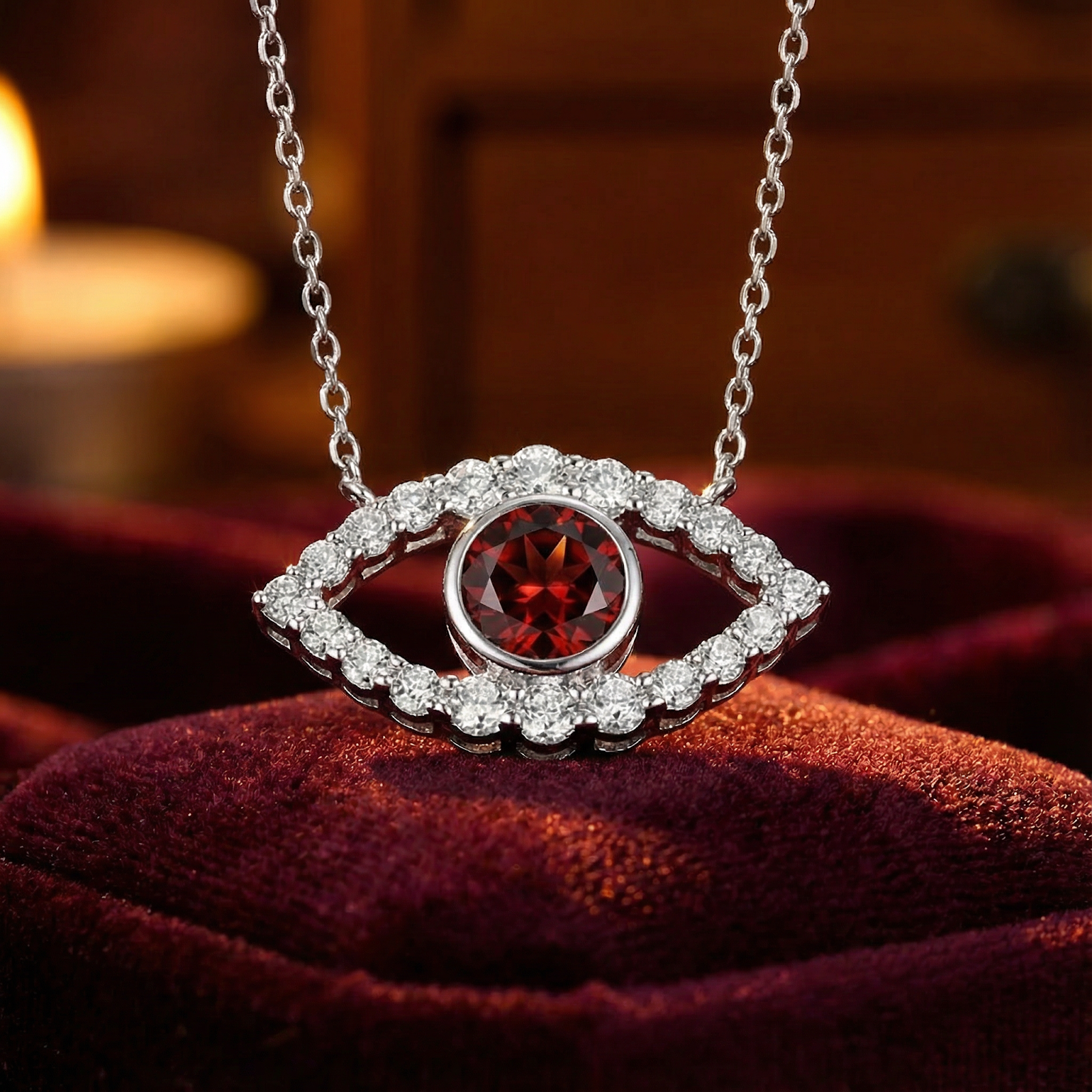 Close-up of a sterling silver eye pendant featuring a round cut red simulated garnet and moissanite halo.