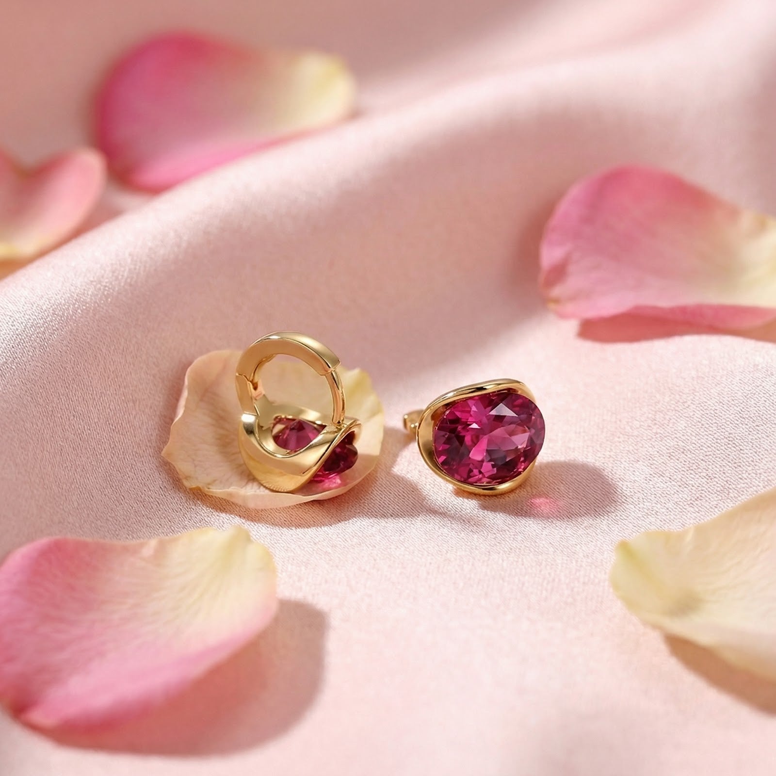 Detail of 18K gold plated pink tourmaline earrings showing the oval stone and hinged back on pink silk.