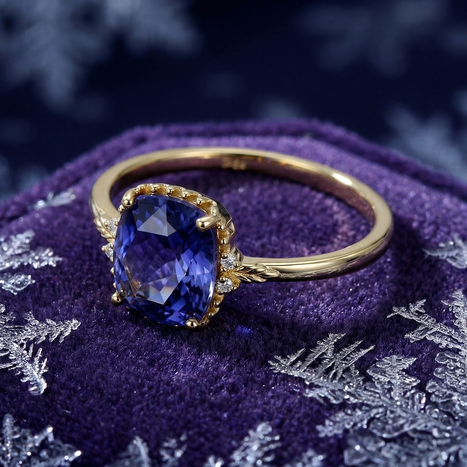 Angled view of the cushion cut simulated tanzanite ring in 18K gold vermeil on purple velvet with snowflakes.