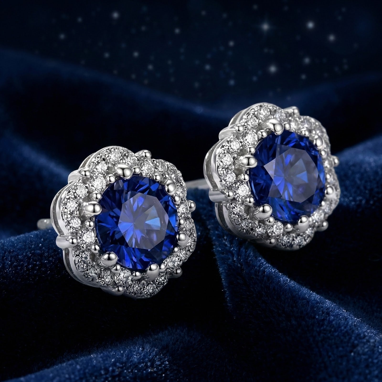 Angled view of round cut simulated sapphire halo studs in sterling silver, showing the protective halo setting.