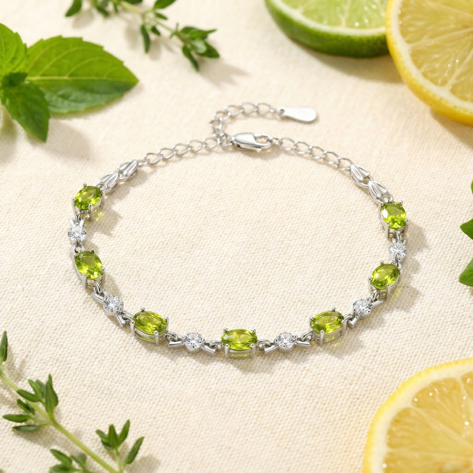 Oval peridot tennis bracelet in S925 sterling silver laid flat on a textured surface with lemon and mint props.